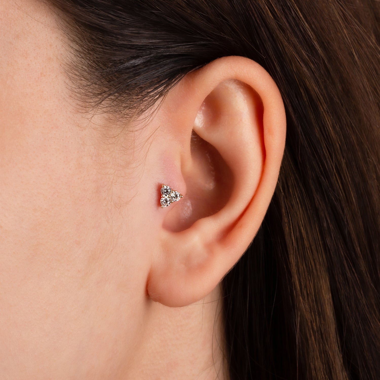 Triangle stud piercing earring with clear zircons - 14K Solid Yellow Gold