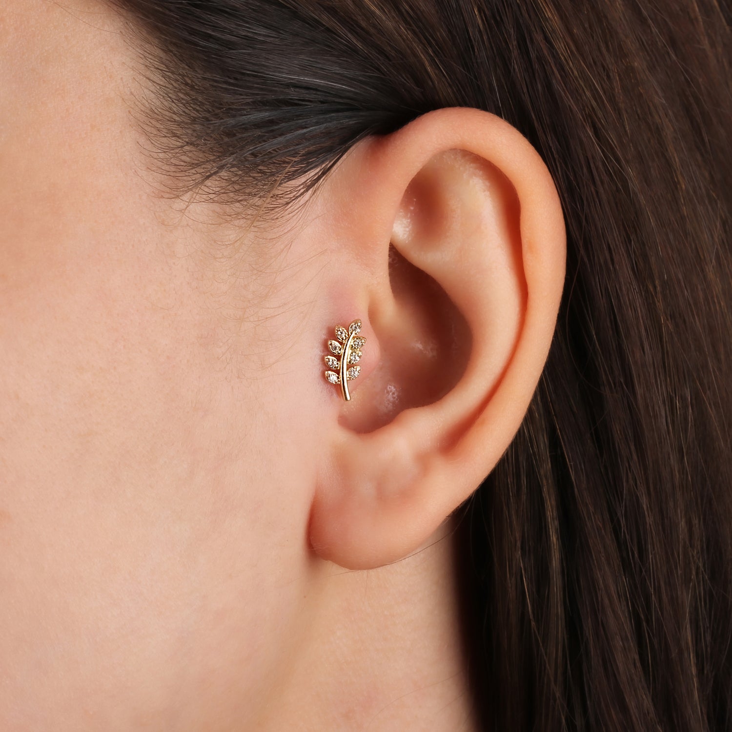 Leaf stud piercing earring with clear zircons - 14K Solid Yellow Gold