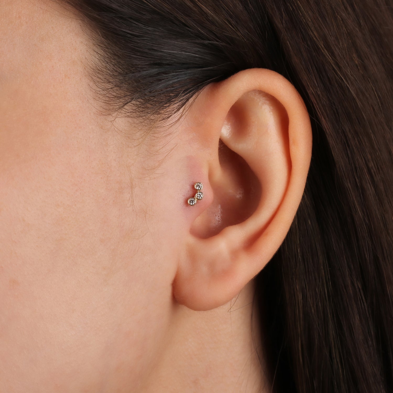 Stud piercing earring with clear zircons - 14K Solid Yellow Gold