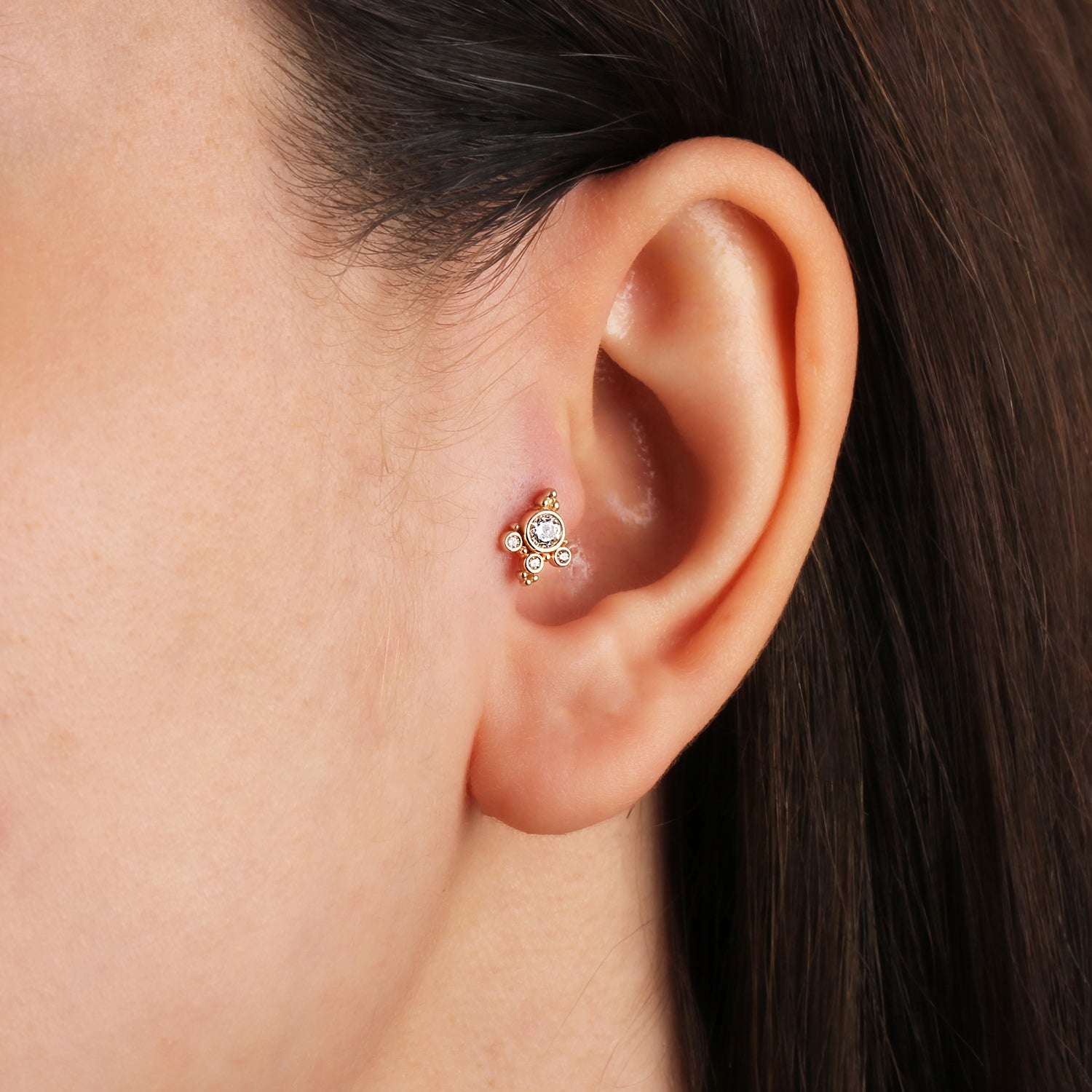 Stud piercing earring with clear zircons - 14K Solid Yellow Gold