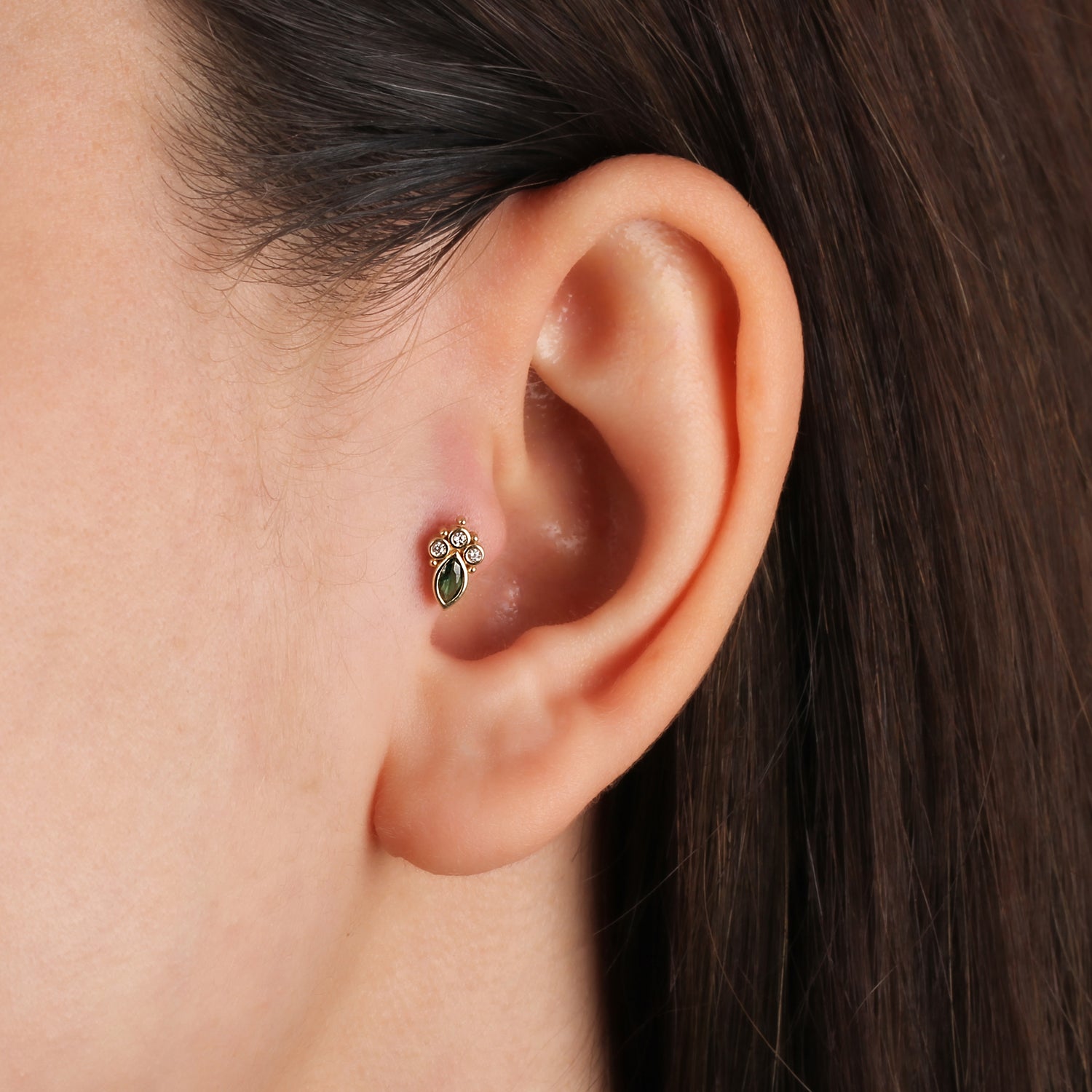 Marquis stud piercing earring with green & clear zircons - 14K Solid Yellow Gold