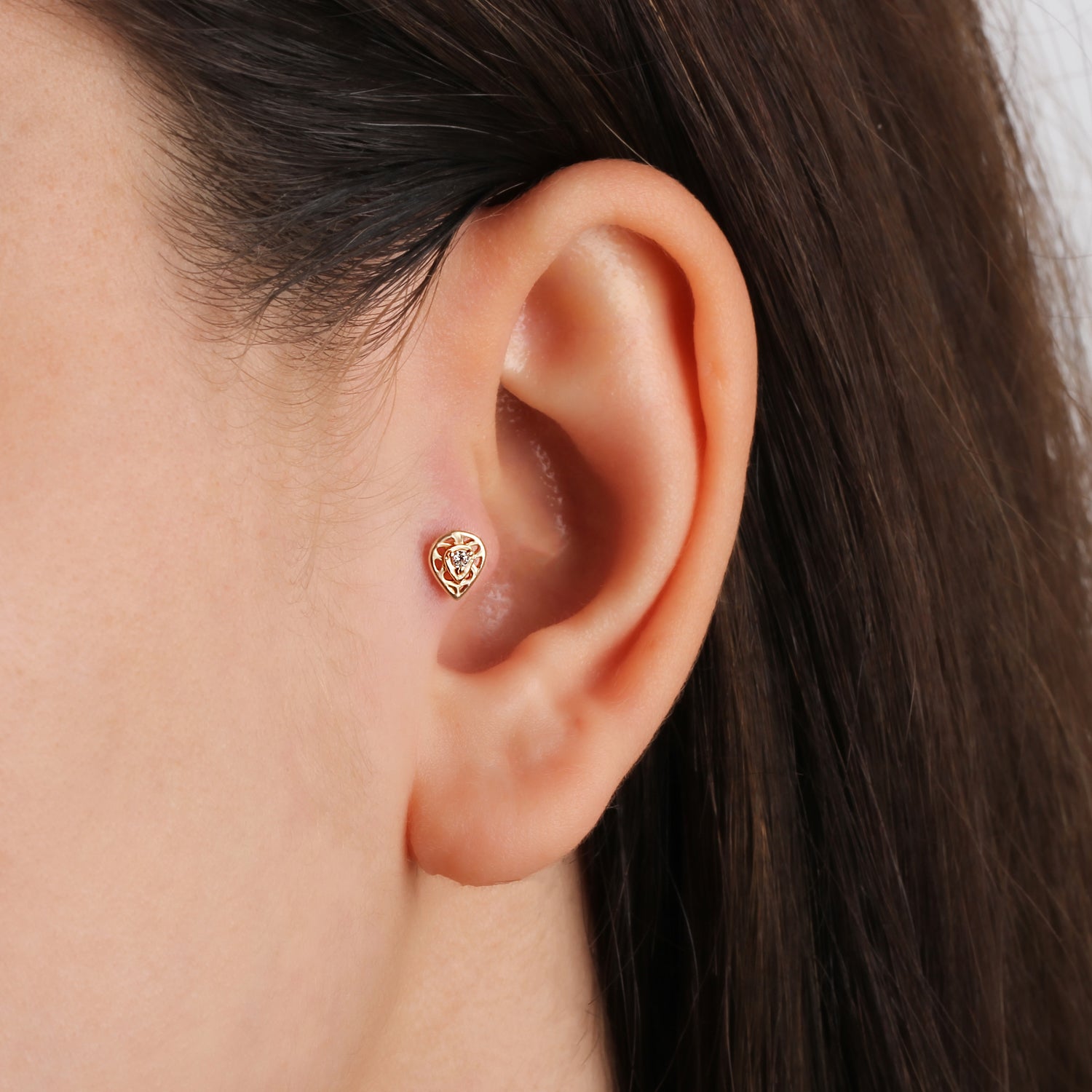 pear stud piercing earring with clear zircon - 14K Solid Yellow Gold
