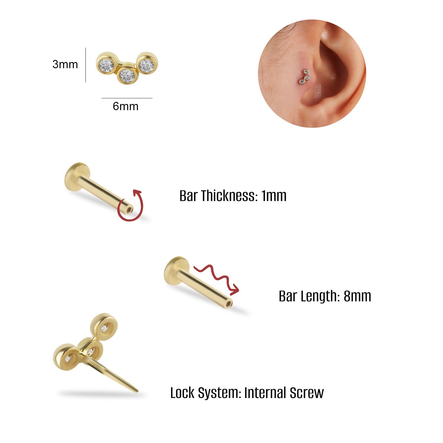 Stud piercing earring with clear zircons - 14K Solid Yellow Gold