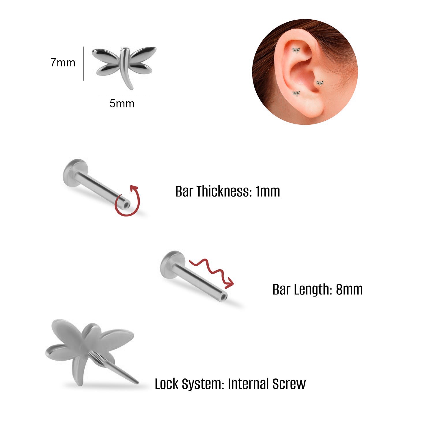 Dragonfly stud piercing earring- 14K Solid White Gold