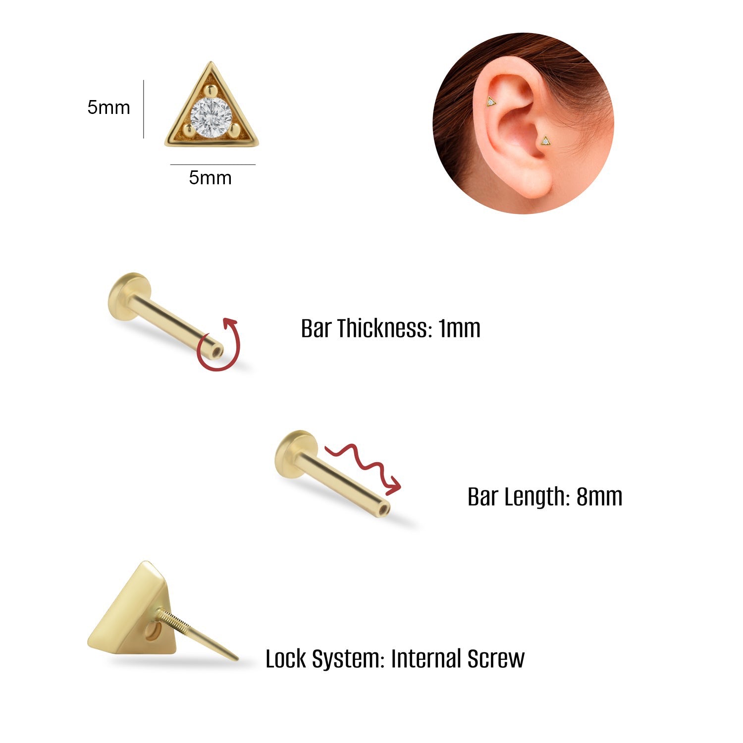 Triangle stud piercing earring with zircon - 14K Solid Yellow Gold