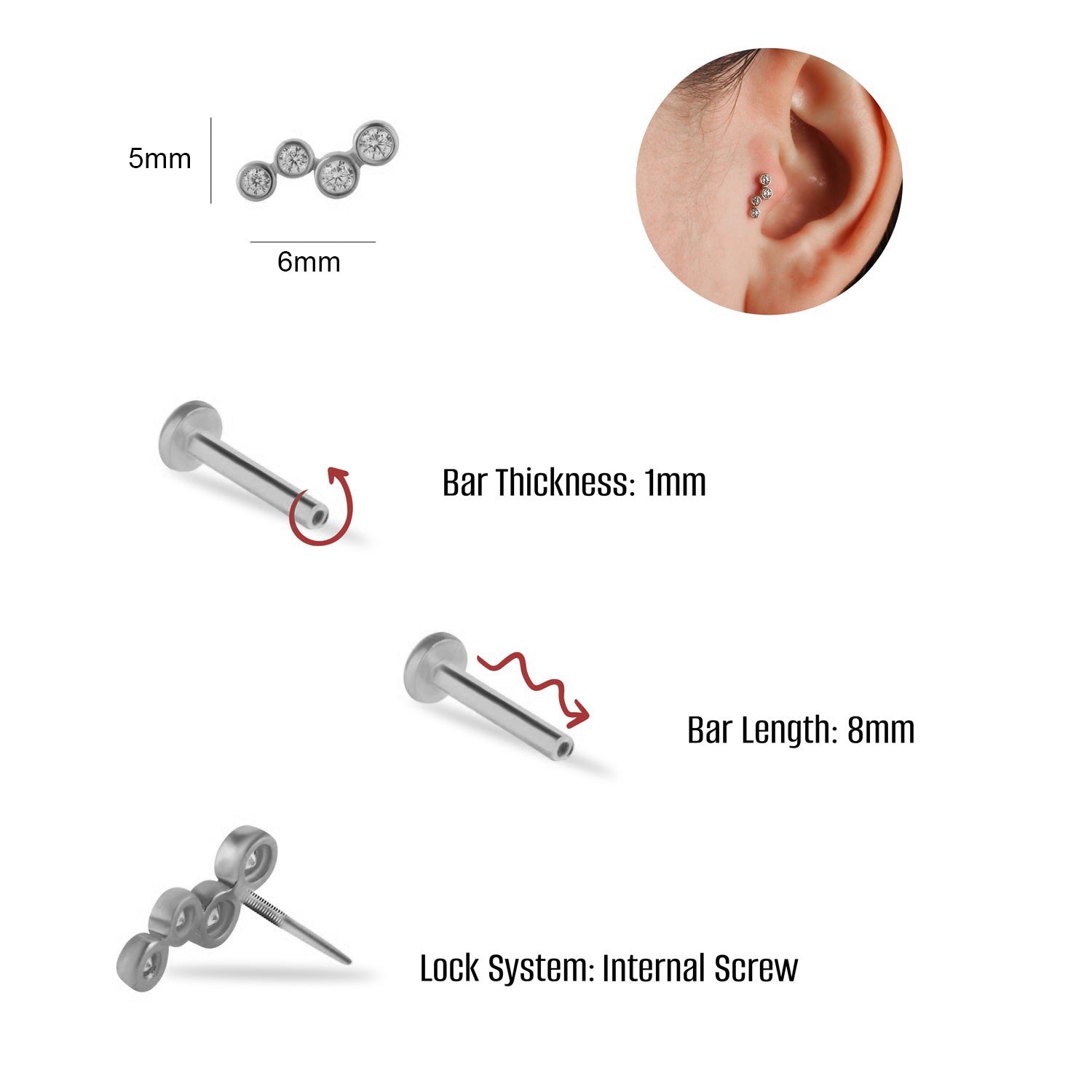 Climber stud piercing earring with clear zircons - 14K Solid White Gold