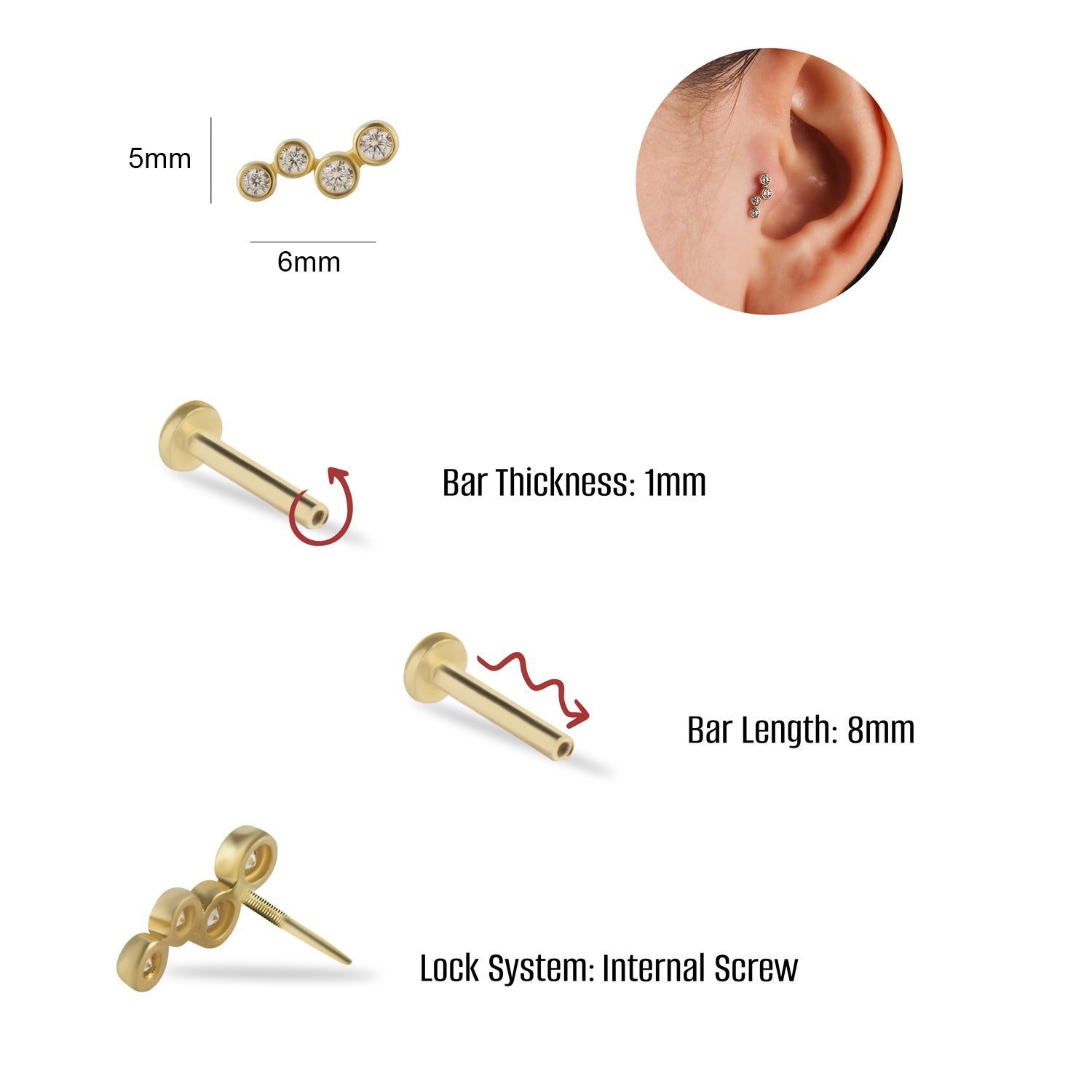 Climber stud piercing earring with clear zircons - 14K Solid Yellow Gold