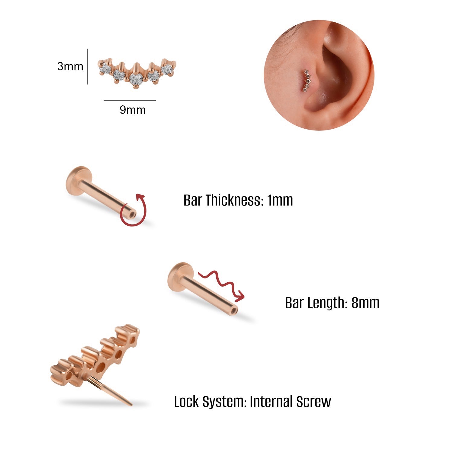 Climber stud piercing earring with clear zircons - 14K Solid Rose Gold