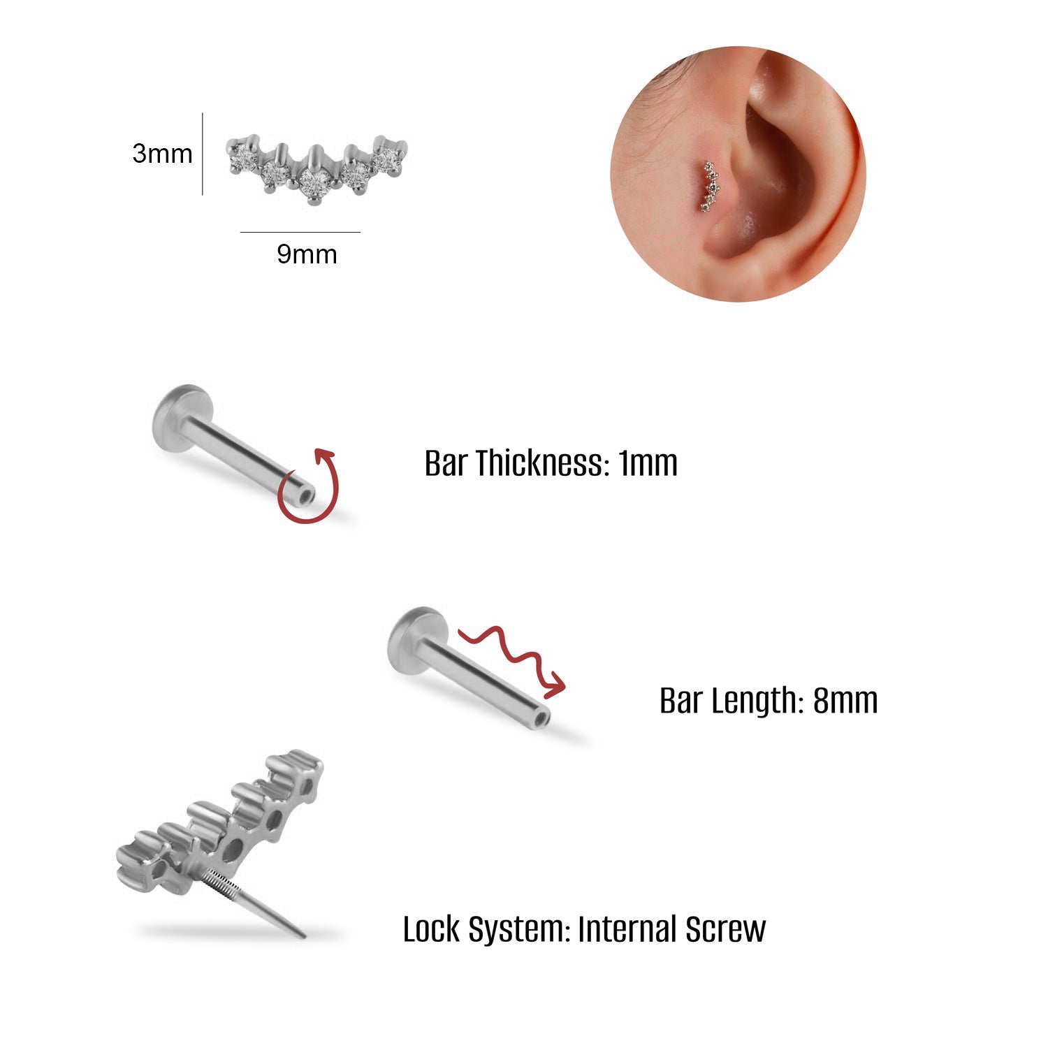 Climber stud piercing earring with clear zircons - 14K Solid White Gold