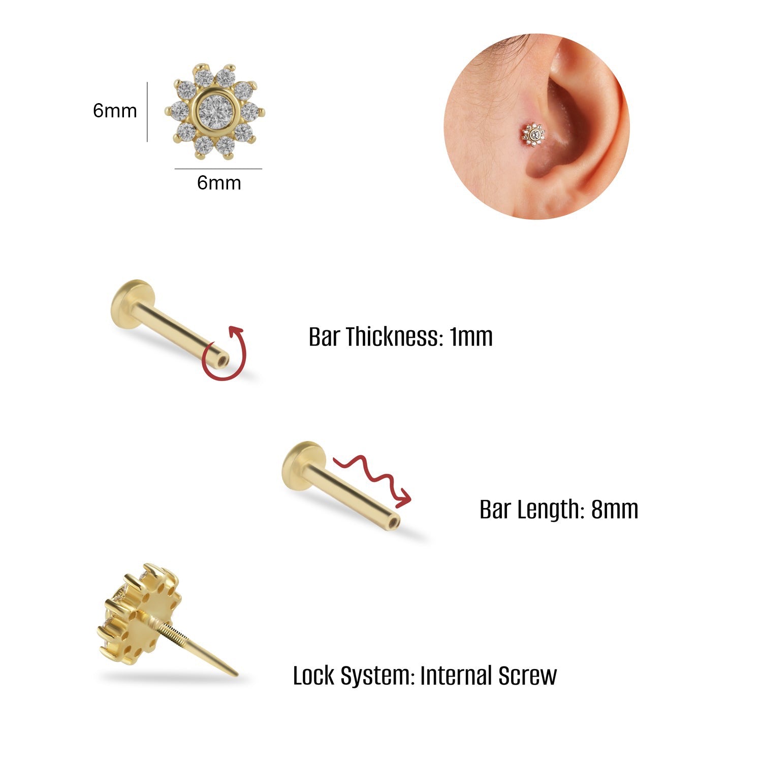 Flower stud piercing earring with clear zircons - 14K Solid Yellow Gold