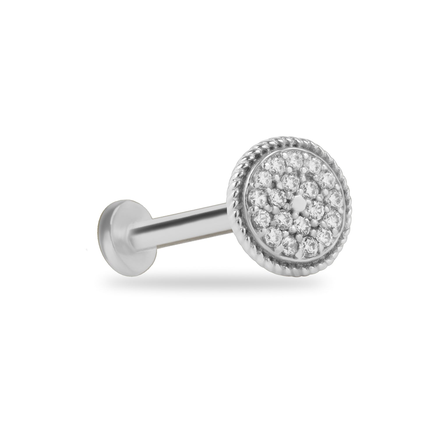 Round Labret Piercing Earring With Zircons - 14K Solid White Gold - For Helix Tragus Lobe Conch Flat & Other Body Piercing