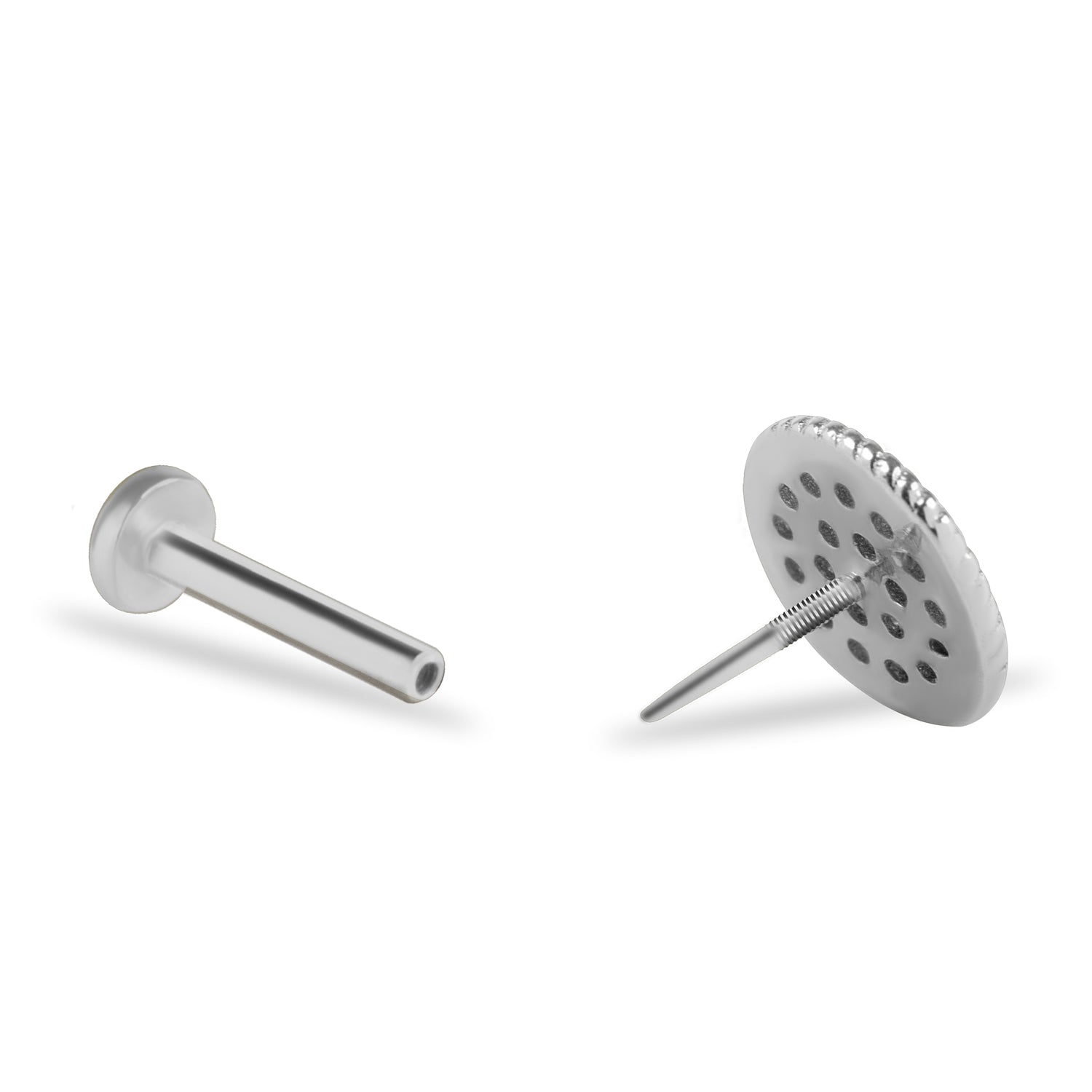 Round Labret Piercing Earring With Zircons - 14K Solid White Gold - For Helix Tragus Lobe Conch Flat & Other Body Piercing