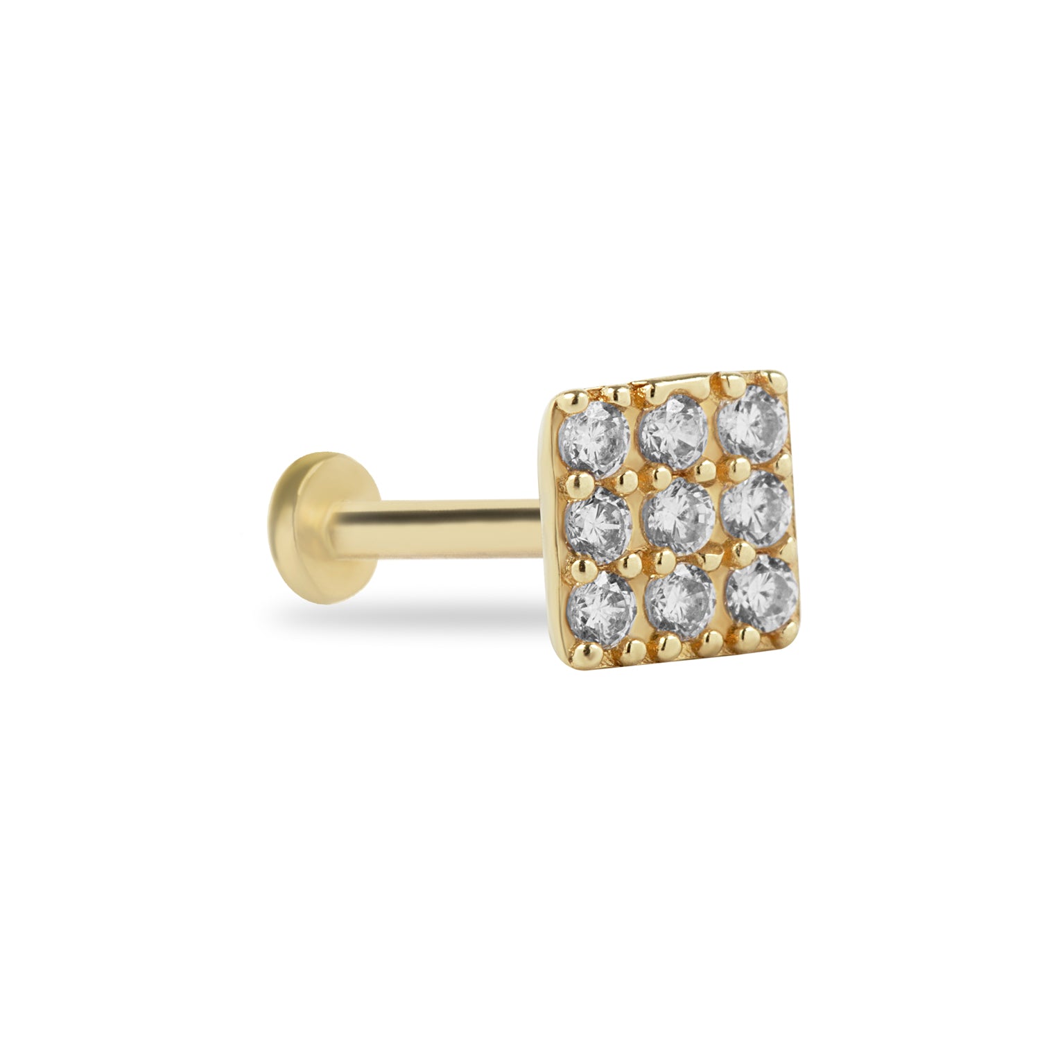 Square stud piercing earring with clear zircons - 14K Solid Yellow Gold