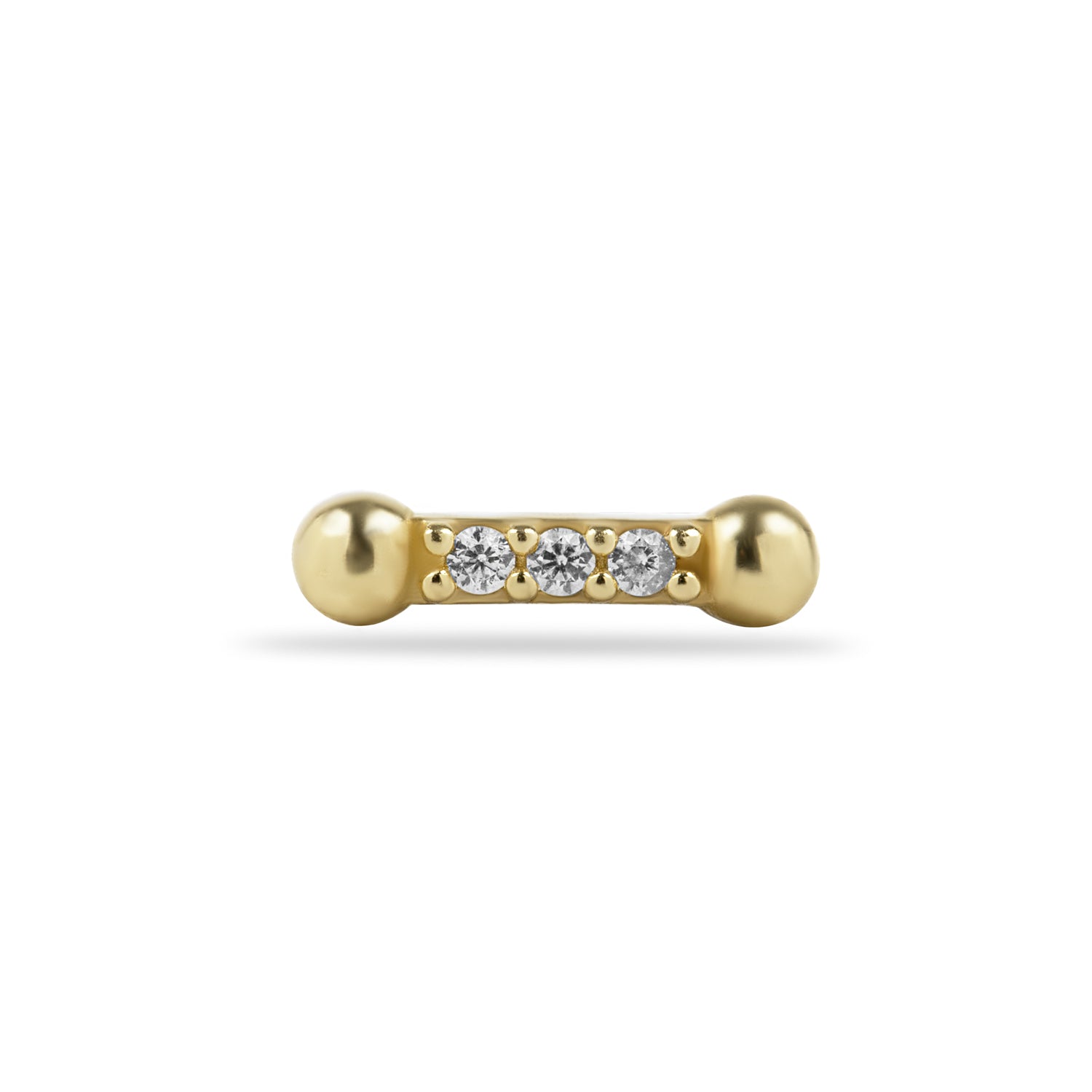 Stripe stud piercing earring with clear zircons - 14K Solid Yellow Gold