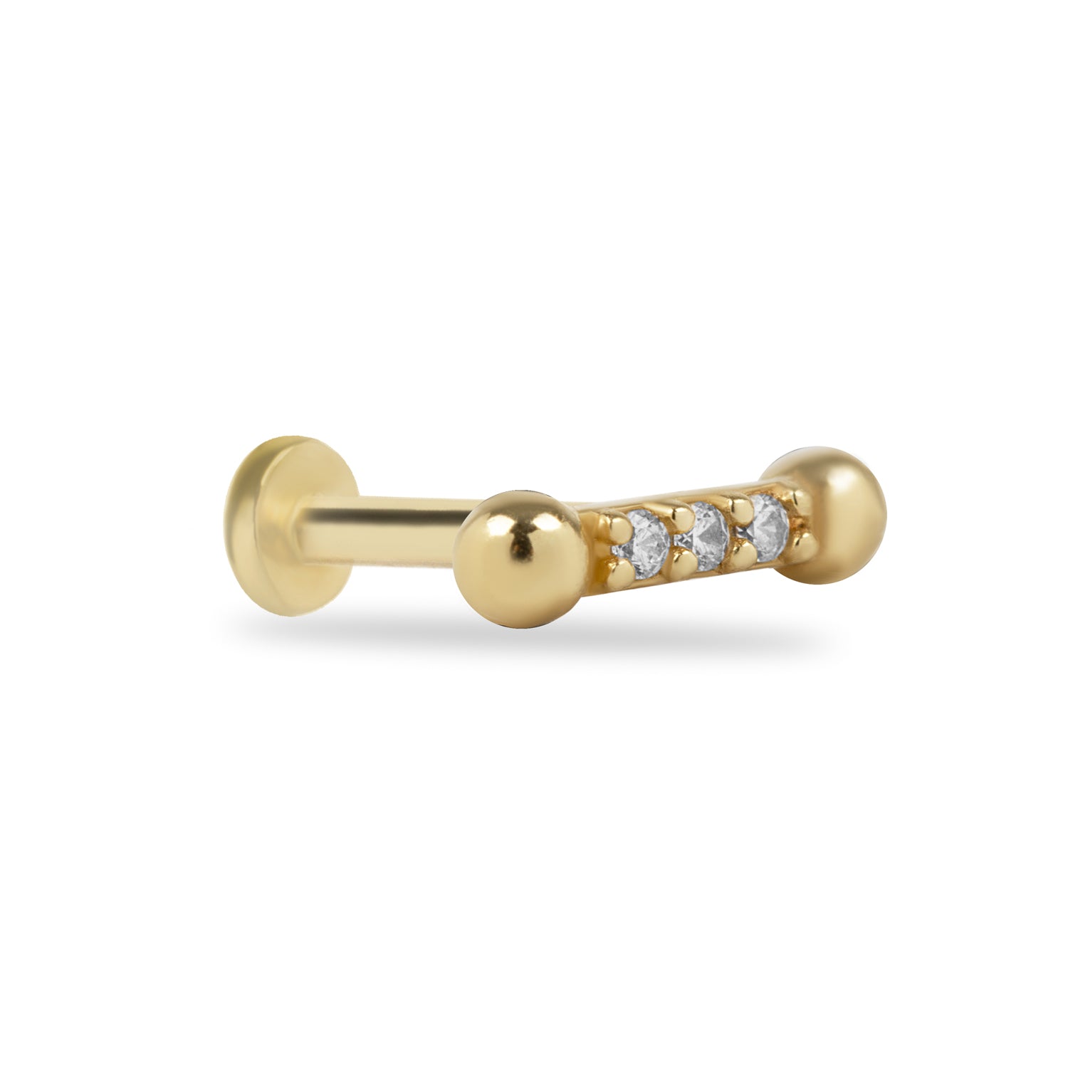 Stripe stud piercing earring with clear zircons - 14K Solid Yellow Gold