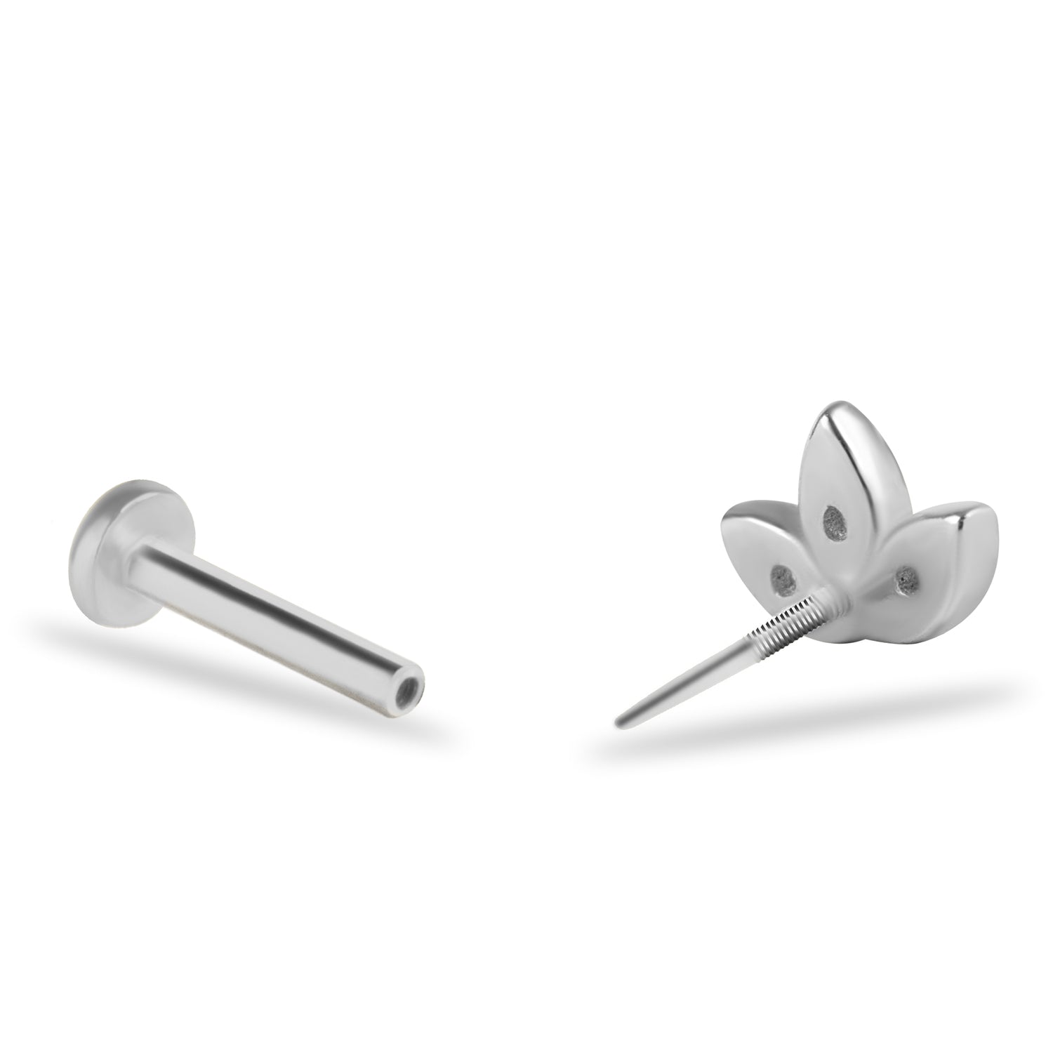 Lotus stud piercing earring with zircons - 14K Solid White Gold