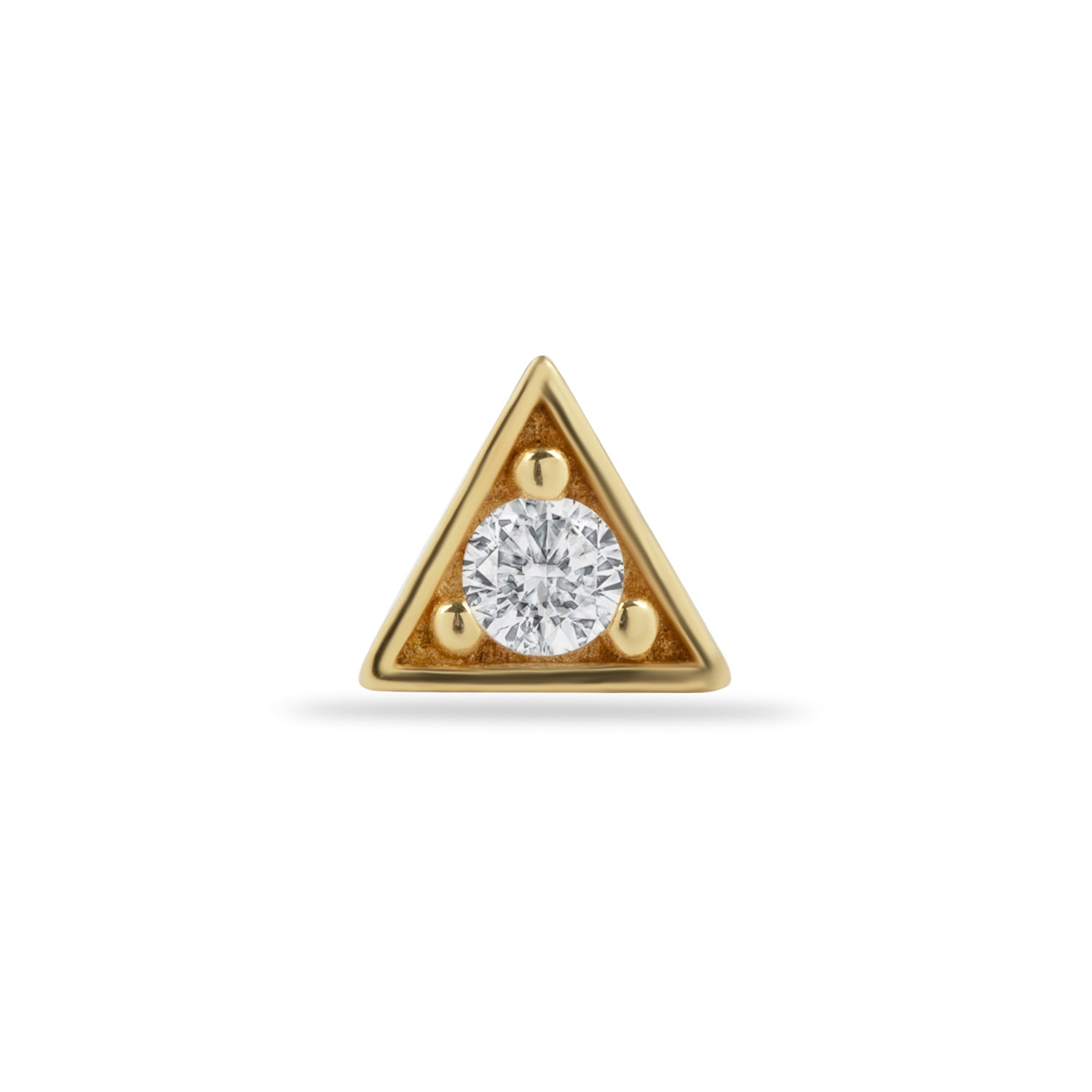 Triangle stud piercing earring with zircon - 14K Solid Yellow Gold