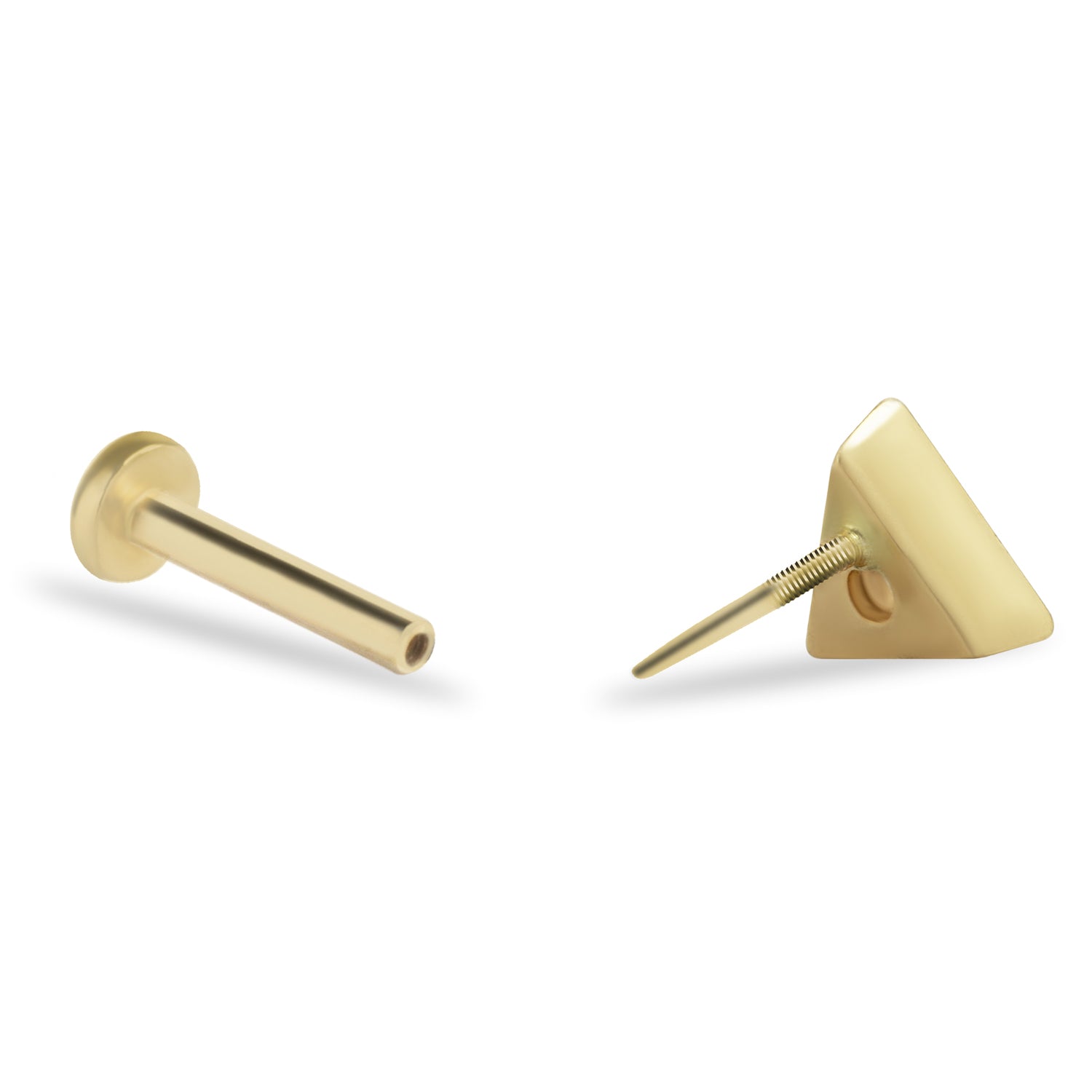 Triangle stud piercing earring with zircon - 14K Solid Yellow Gold