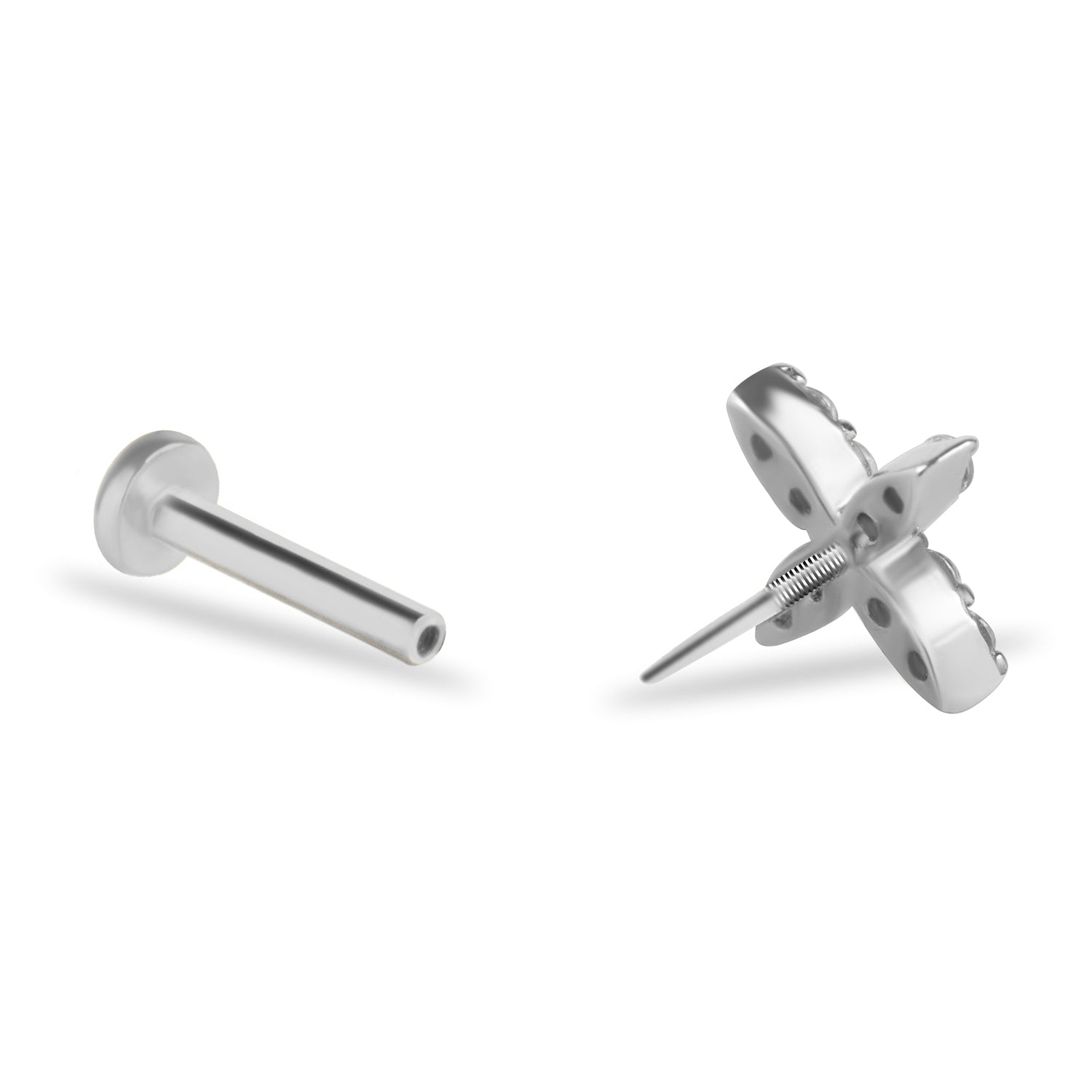 X stud piercing earring with clear zircons - 14K Solid White Gold