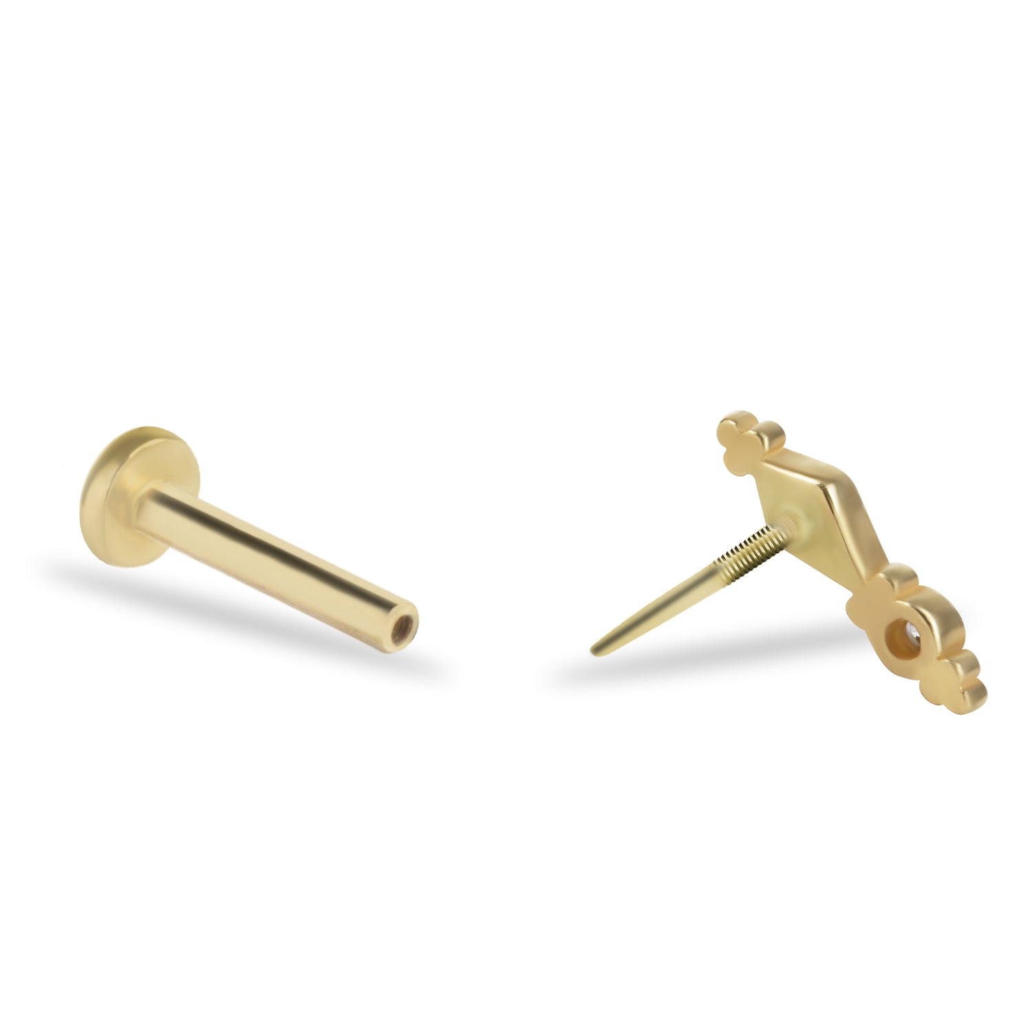 Stud piercing earring with green enamel and clear zircon - 14K Solid Yellow Gold