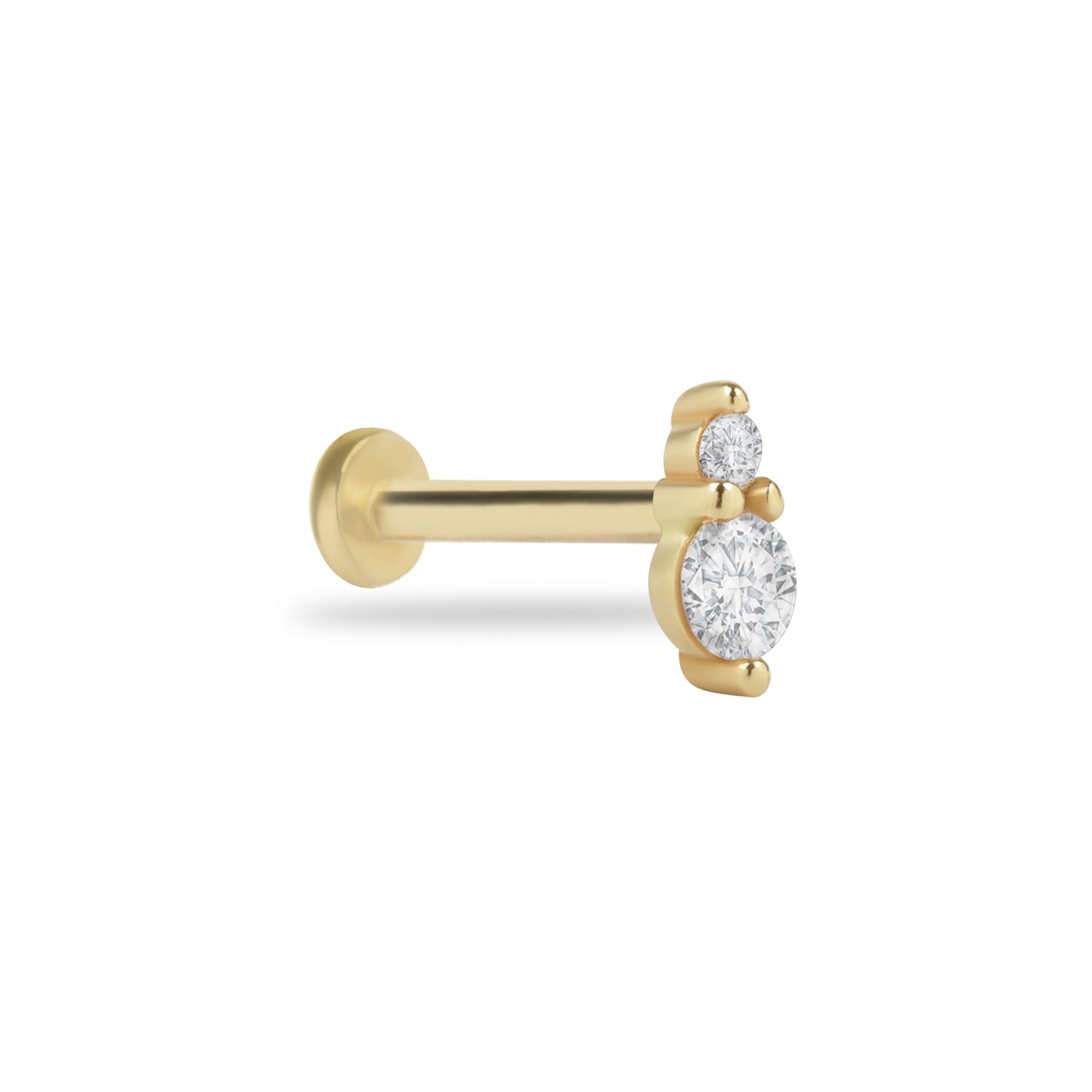Stud piercing earring with clear zircons - 14K Solid Yellow Gold