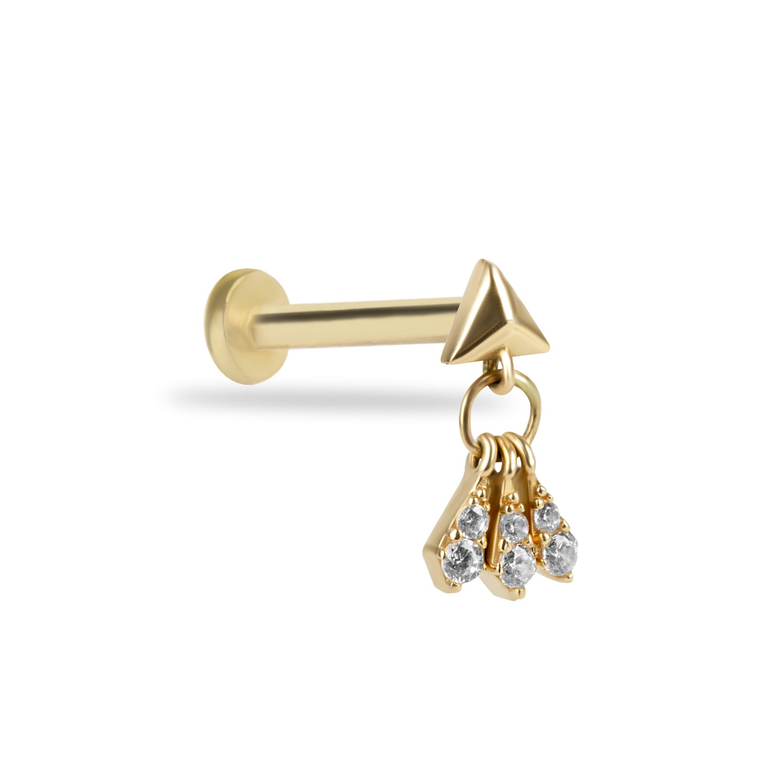 Stud piercing earring with clear pendant zircons - 14K Solid Yellow Gold