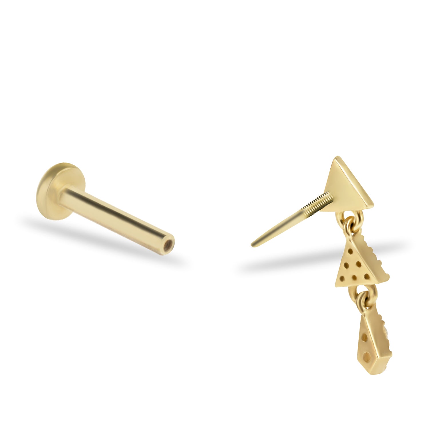 Triangle stud piercing earring with hanging zircons - 14K Solid Yellow Gold