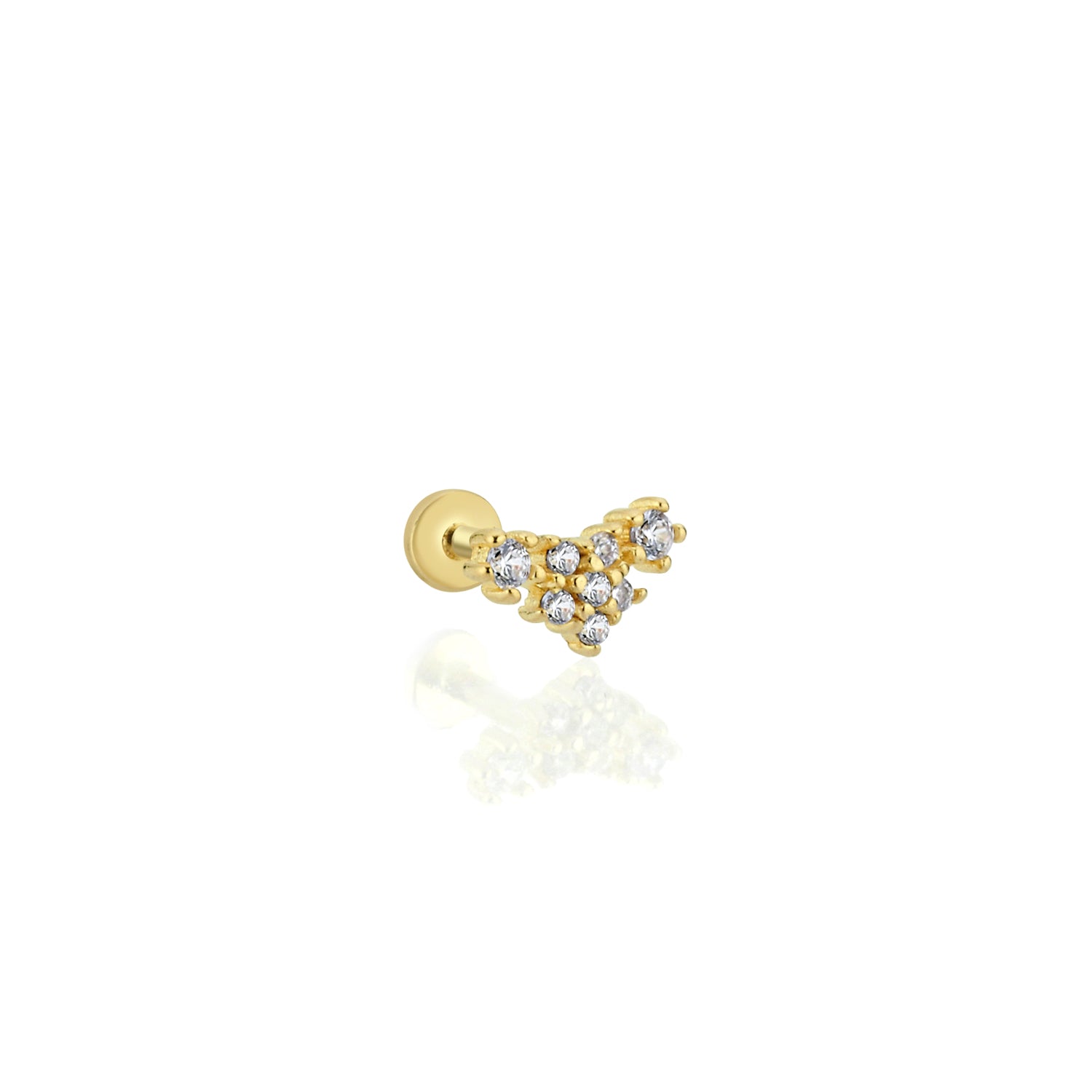 Flower stud piercing earring with clear zircons - 14K Solid Yellow Gold