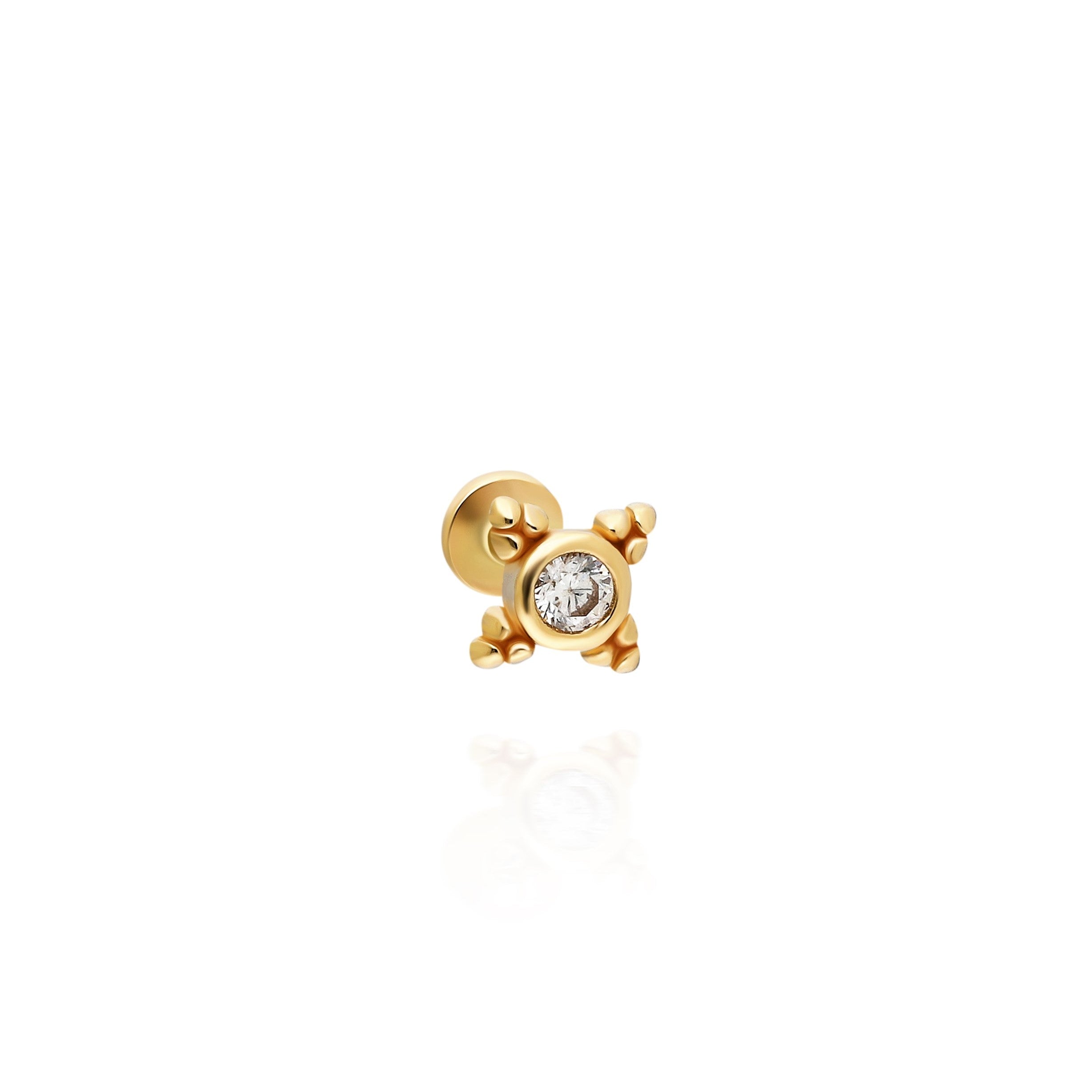 Stud piercing earring with clear zircon - 14K Solid Yellow Gold