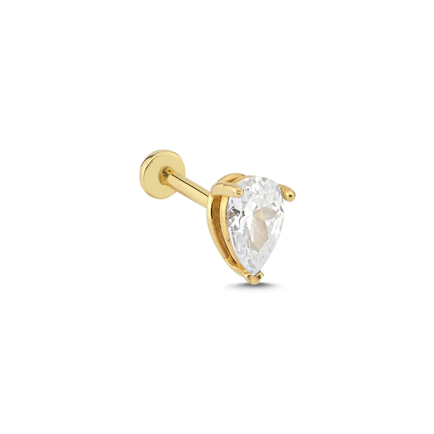 Pear stud piercing earring with clear zircon - 14K Solid Yellow Gold
