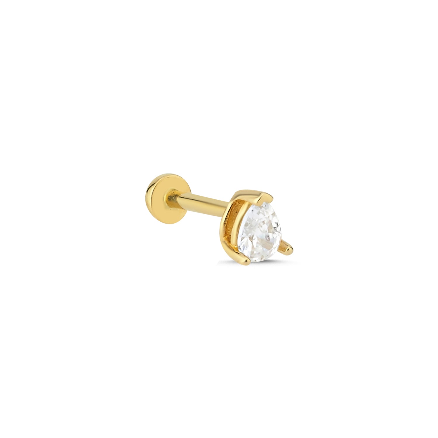 Pear stud piercing earring with clear zircon - 14K Solid Yellow Gold