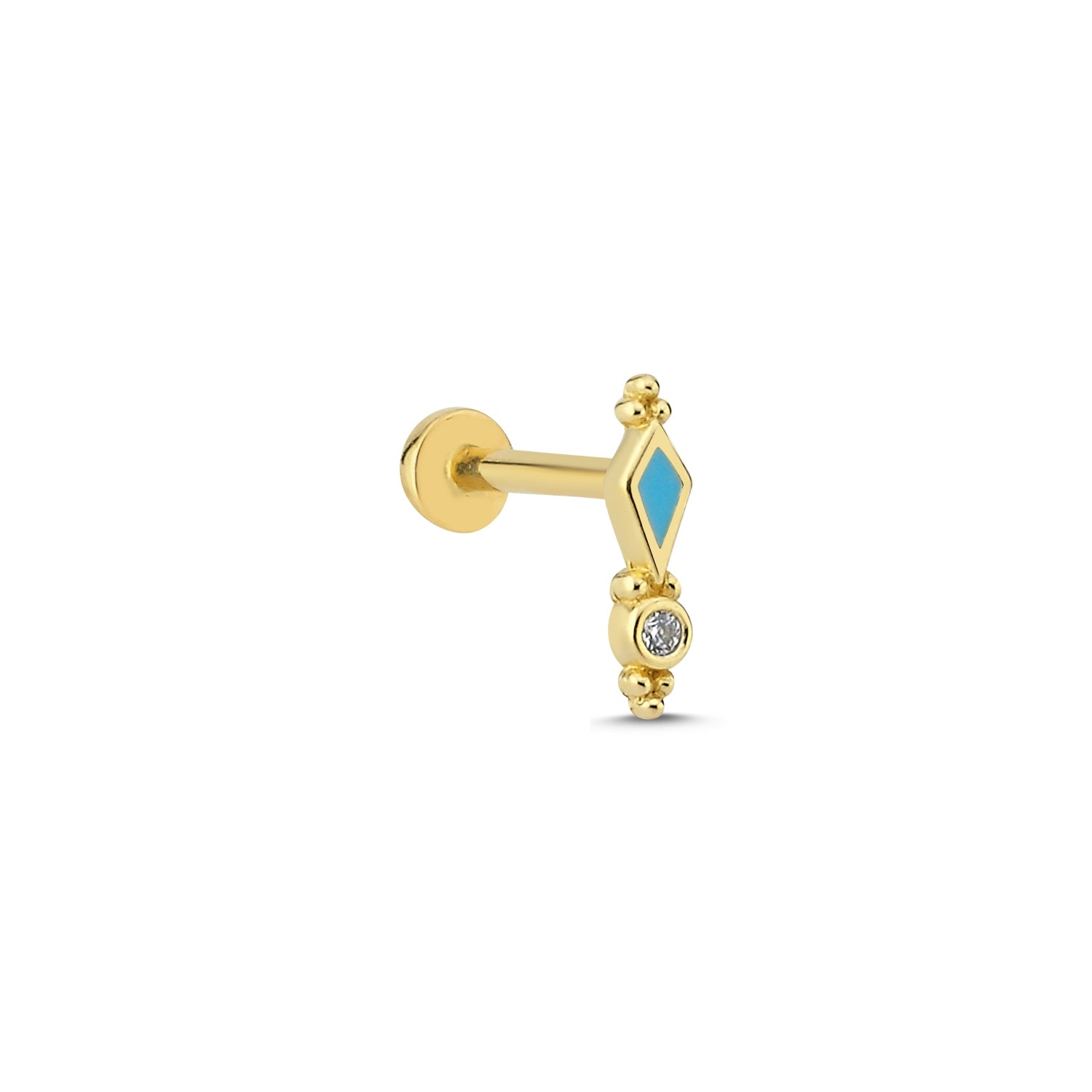 Stud piercing earring with turquoise enamel and clear zircon - 14K Solid Yellow Gold