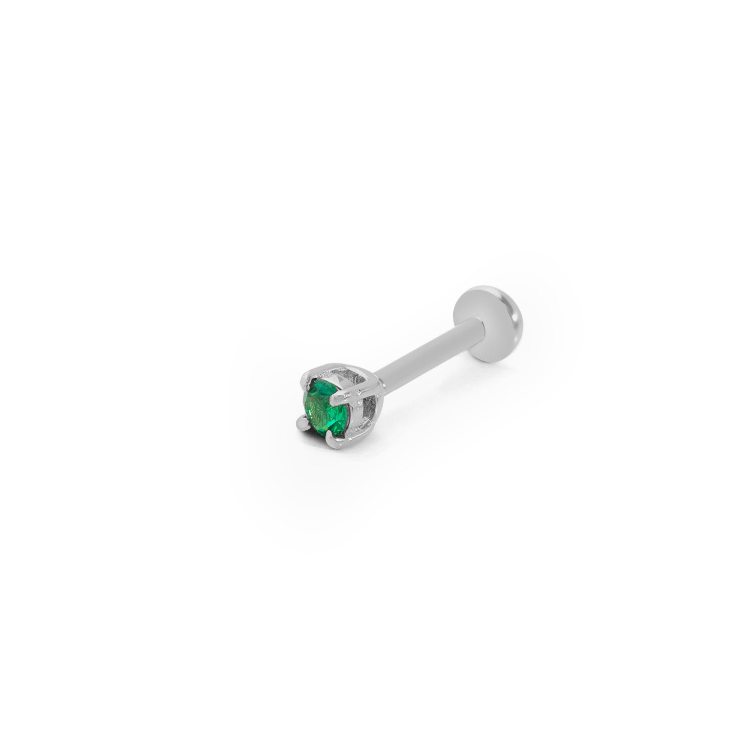 Dot stud piercing earring with green zircons - 14K Solid White Gold