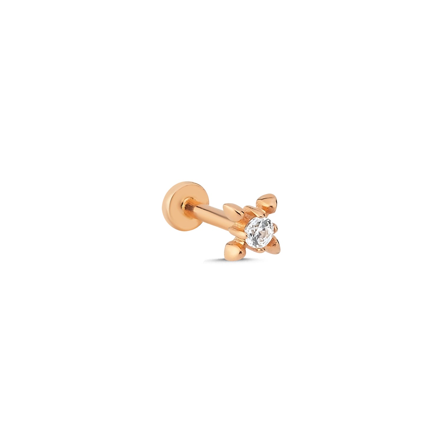 Stud piercing earring with clear zircons - 14K Solid Yellow Gold