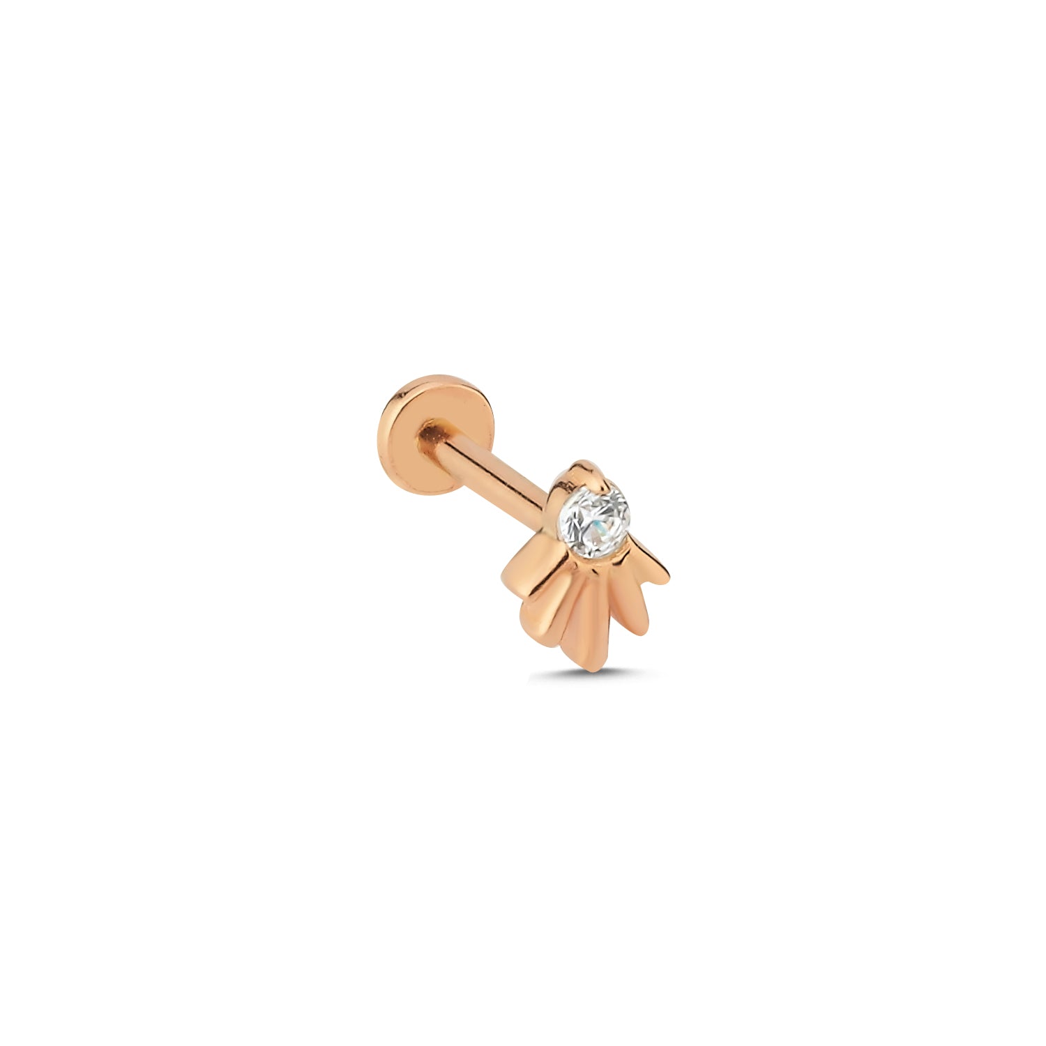 Stud piercing earring with clear zircon - 14K Solid Yellow Gold