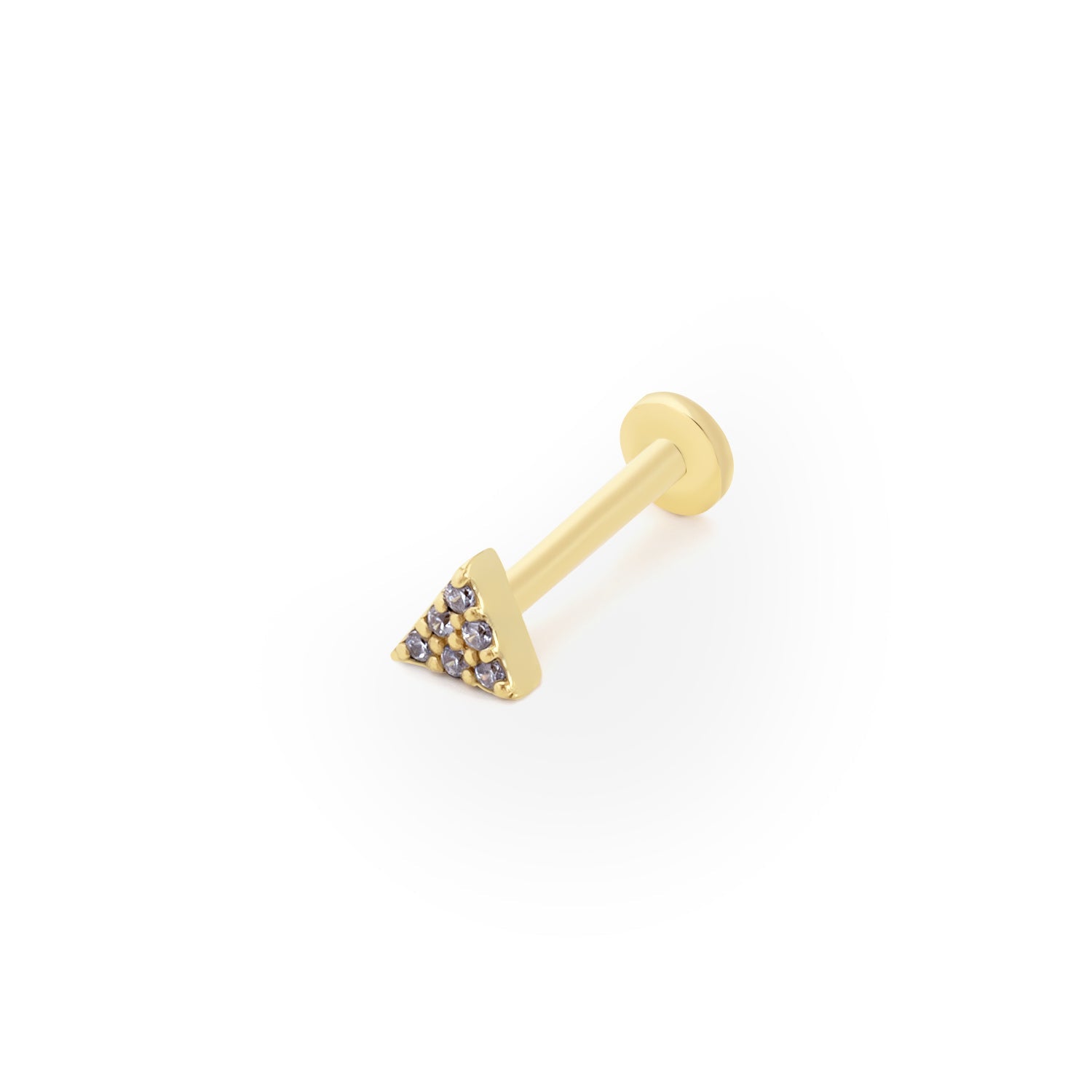 Triangle stud piercing earring with clear zircons - 14K Solid Yellow Gold