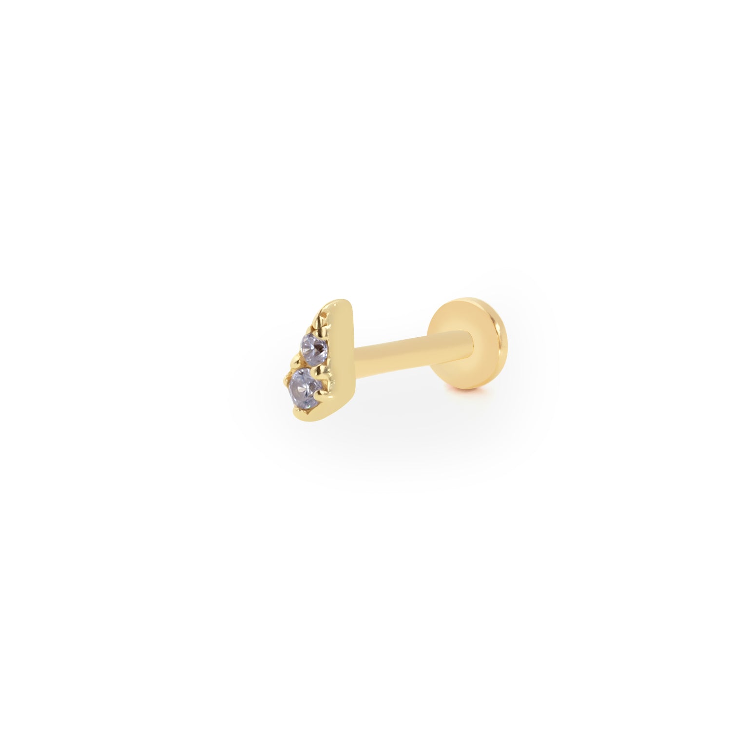 Triangle stud piercing earring with clear zircons - 14K Solid Yellow Gold