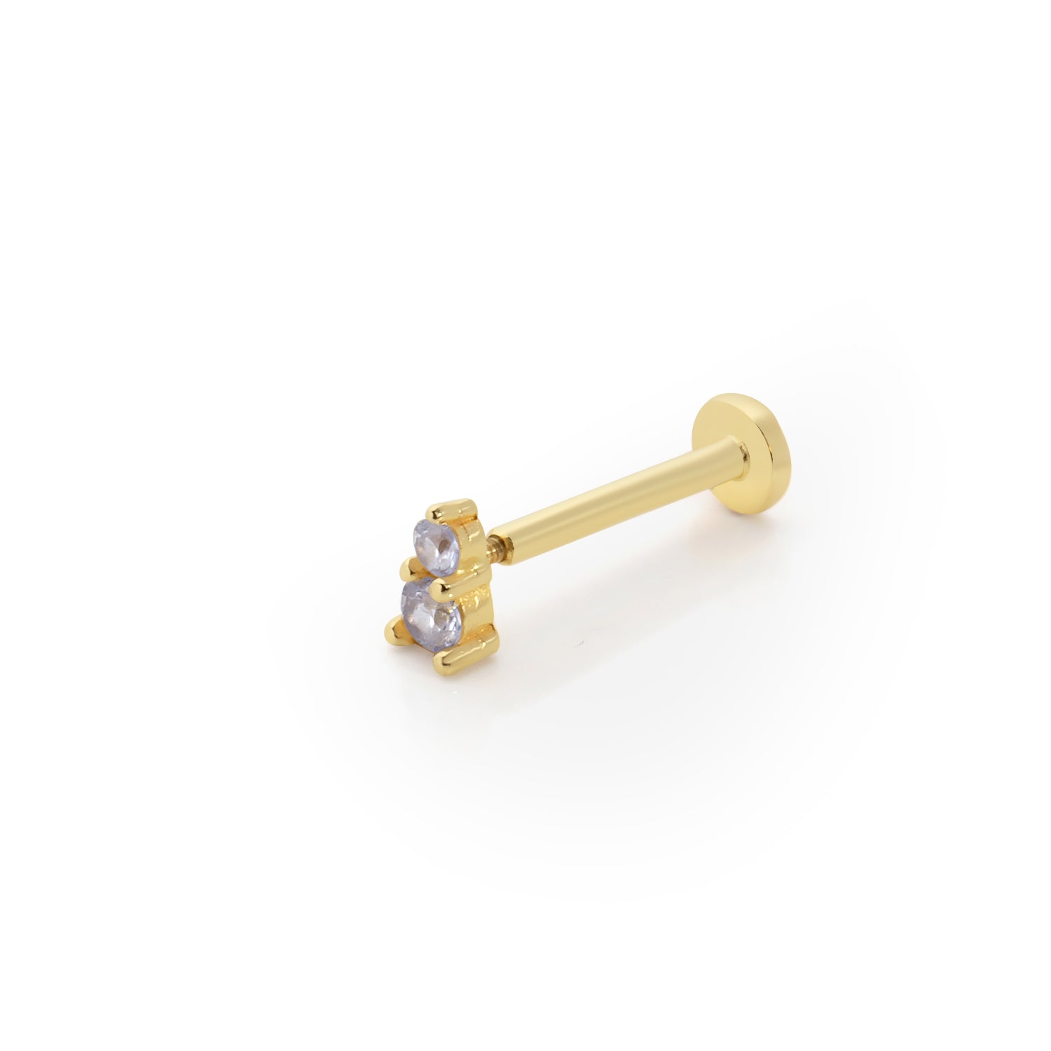 Triangle stud piercing earring with clear zircons - 14K Solid Yellow Gold
