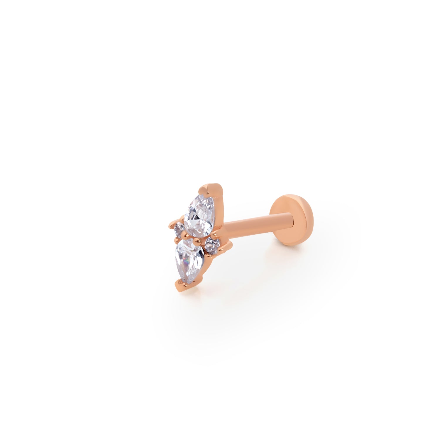 Stud piercing earring with clear zircon- 14K Solid Rose Gold