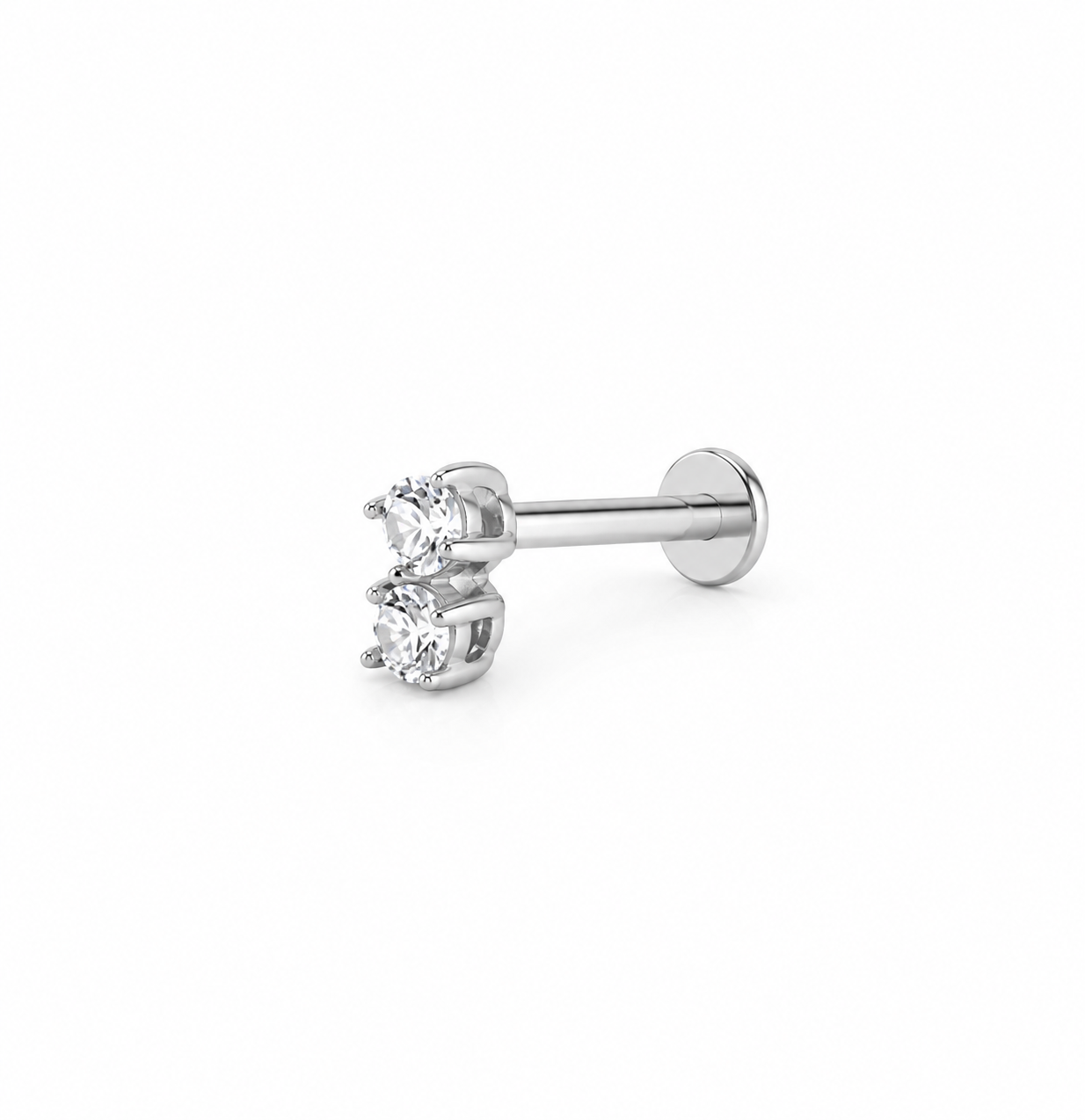 Stud piercing earring with clear zircons - 14K Solid White Gold