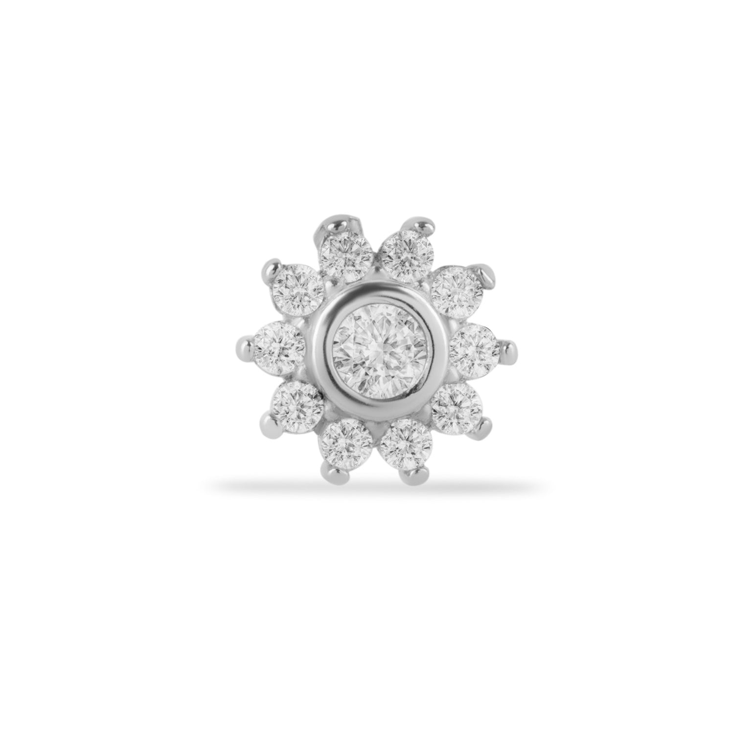 Flower stud piercing earring with clear zircons - 14K Solid White Gold