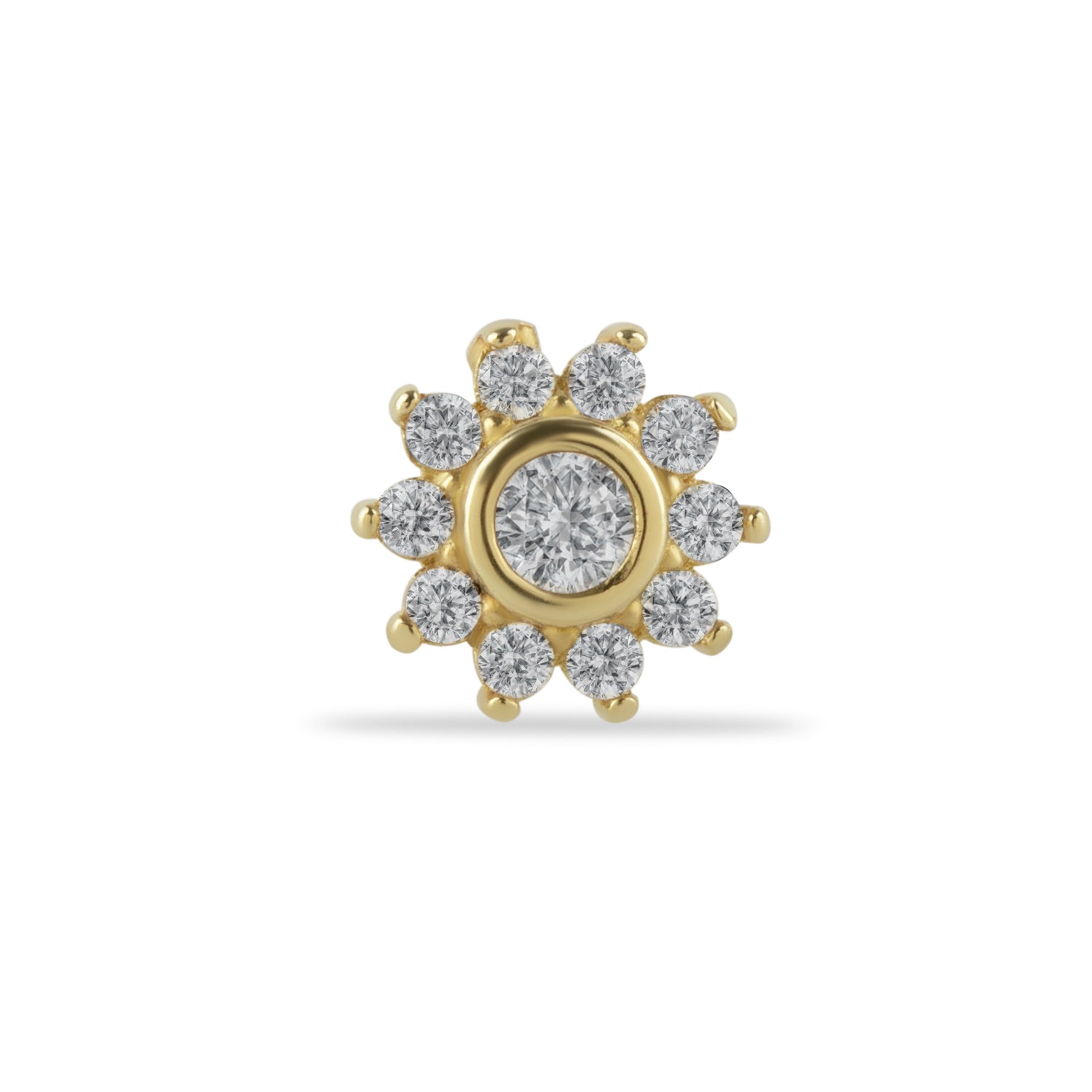 Flower stud piercing earring with clear zircons - 14K Solid Yellow Gold