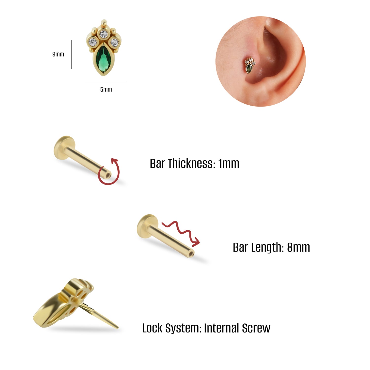 Marquis stud piercing earring with green & clear zircons - 14K Solid Yellow Gold