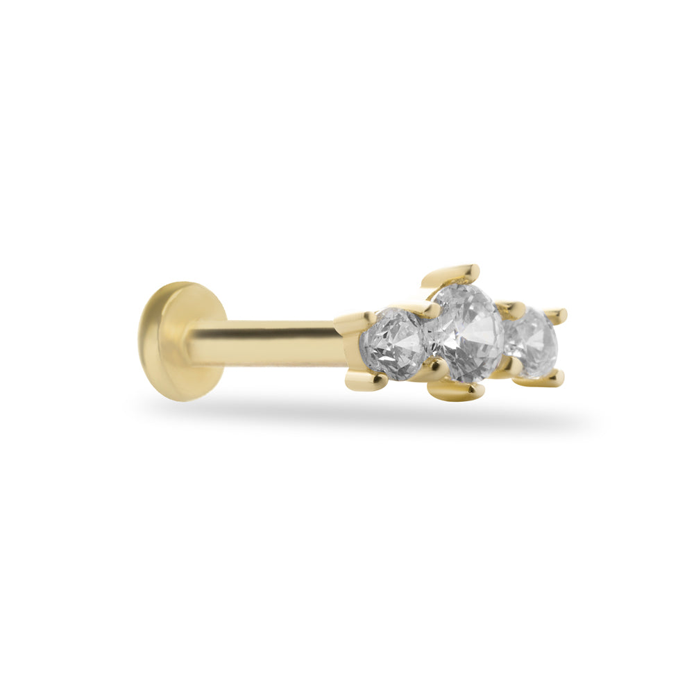 Stud piercing earring with clear zircons - 14K Solid Yellow Gold