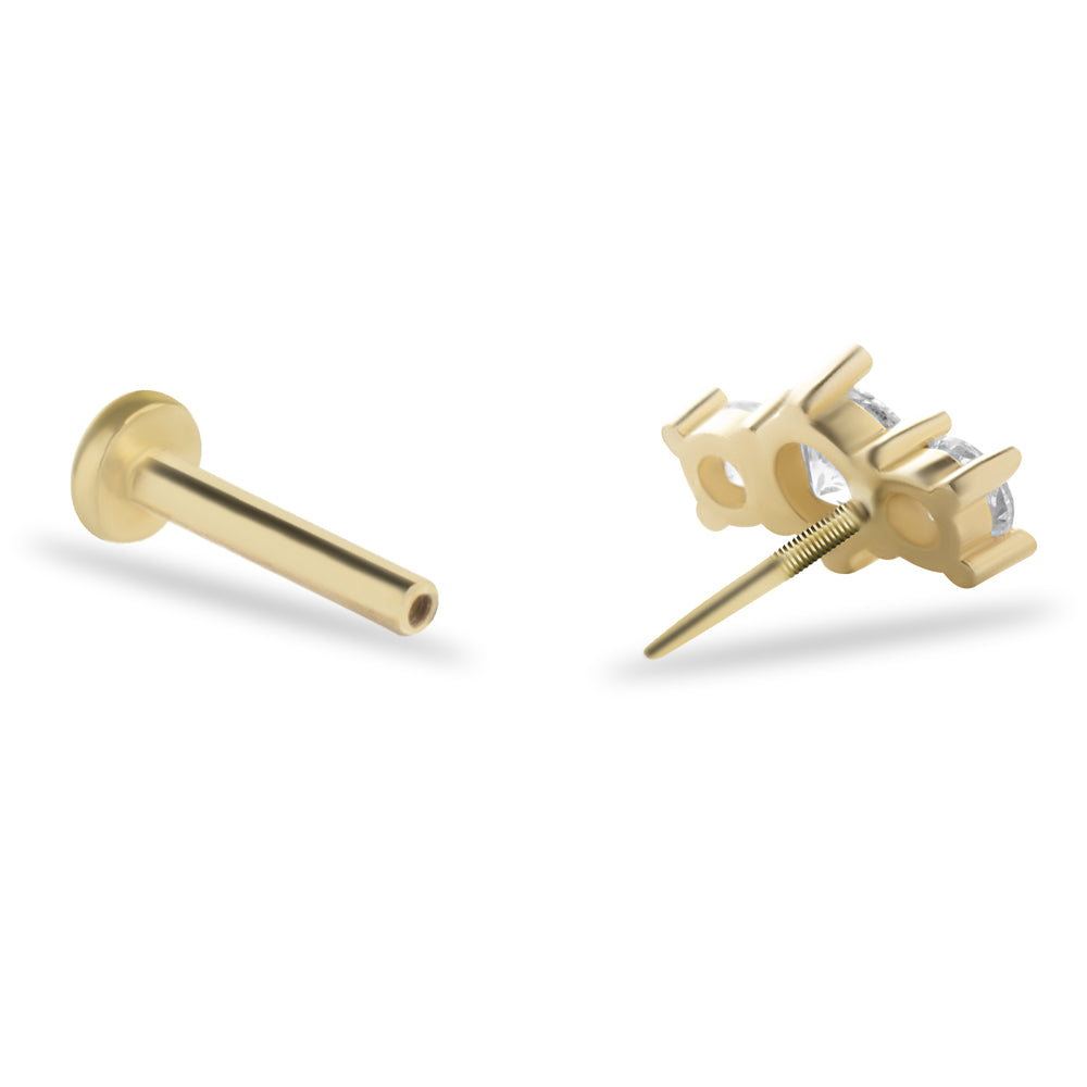 Stud piercing earring with clear zircons - 14K Solid Yellow Gold