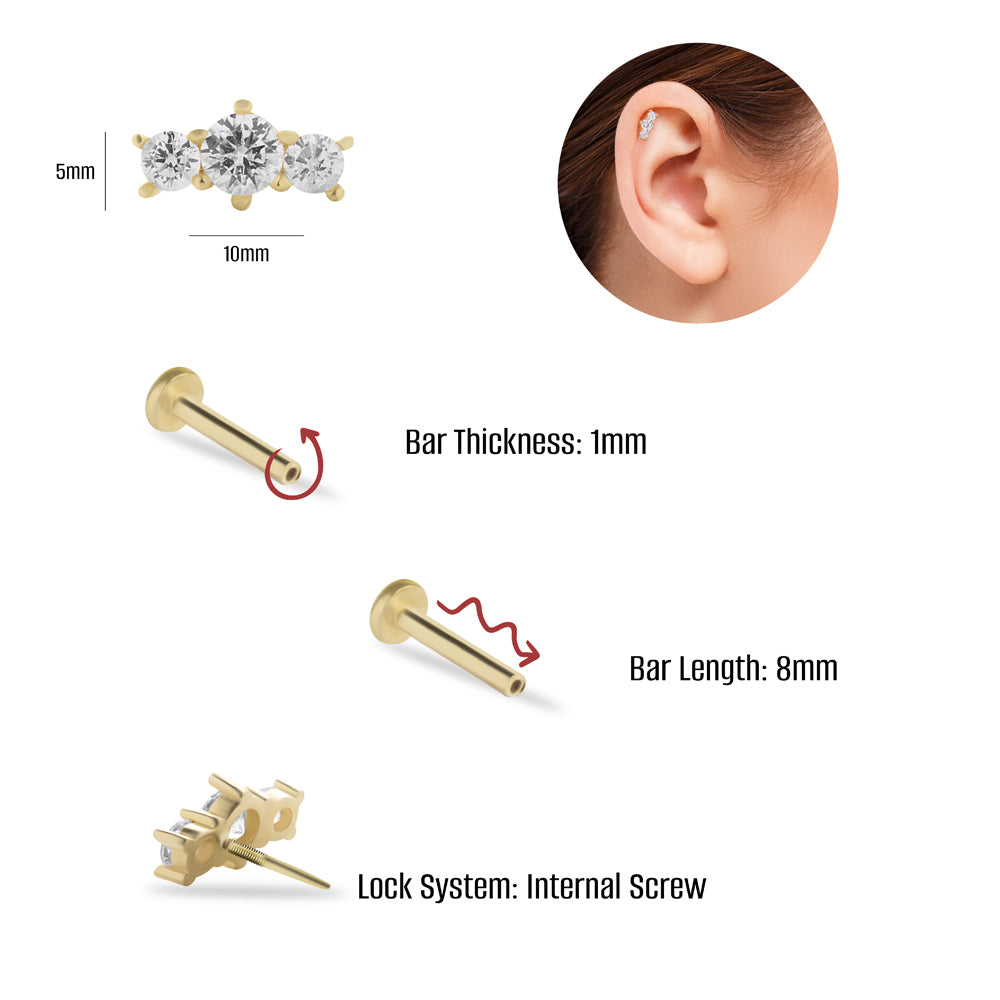 Stud piercing earring with clear zircons - 14K Solid Yellow Gold