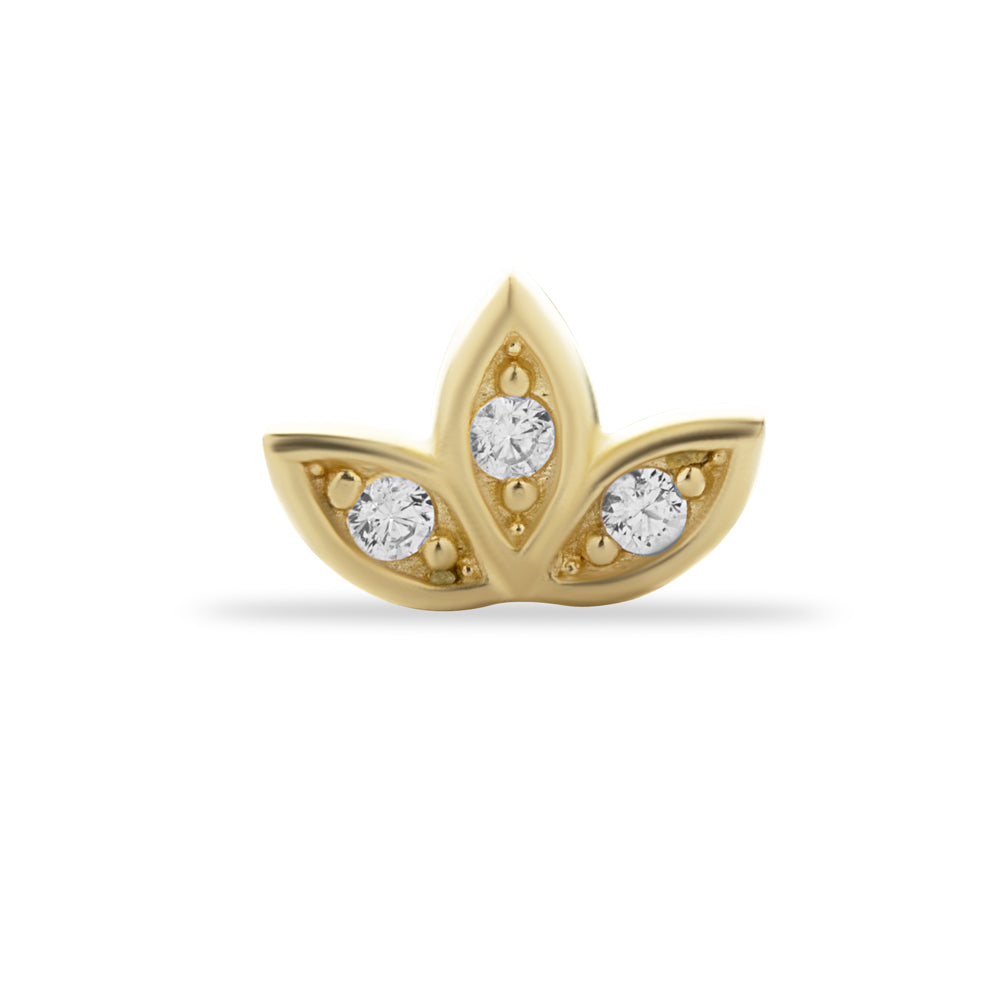 Lotus stud piercing earring with clear zircons - 14K Solid Yellow Gold