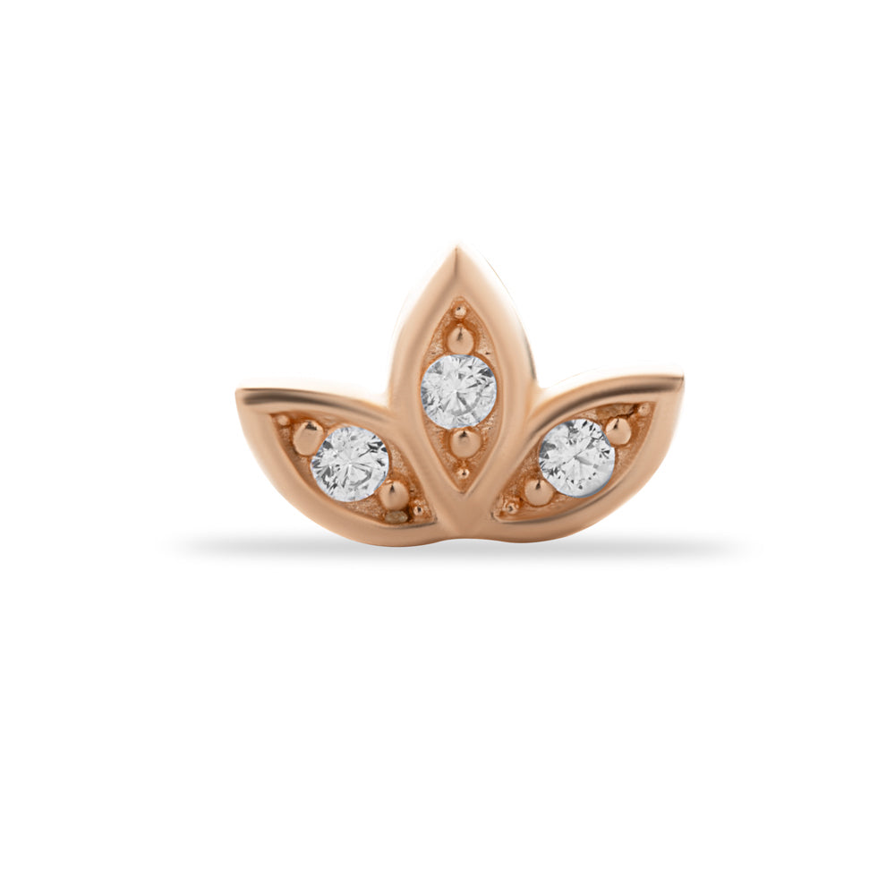 Lotus stud piercing earring with clear zircons - 14K Solid Rose Gold