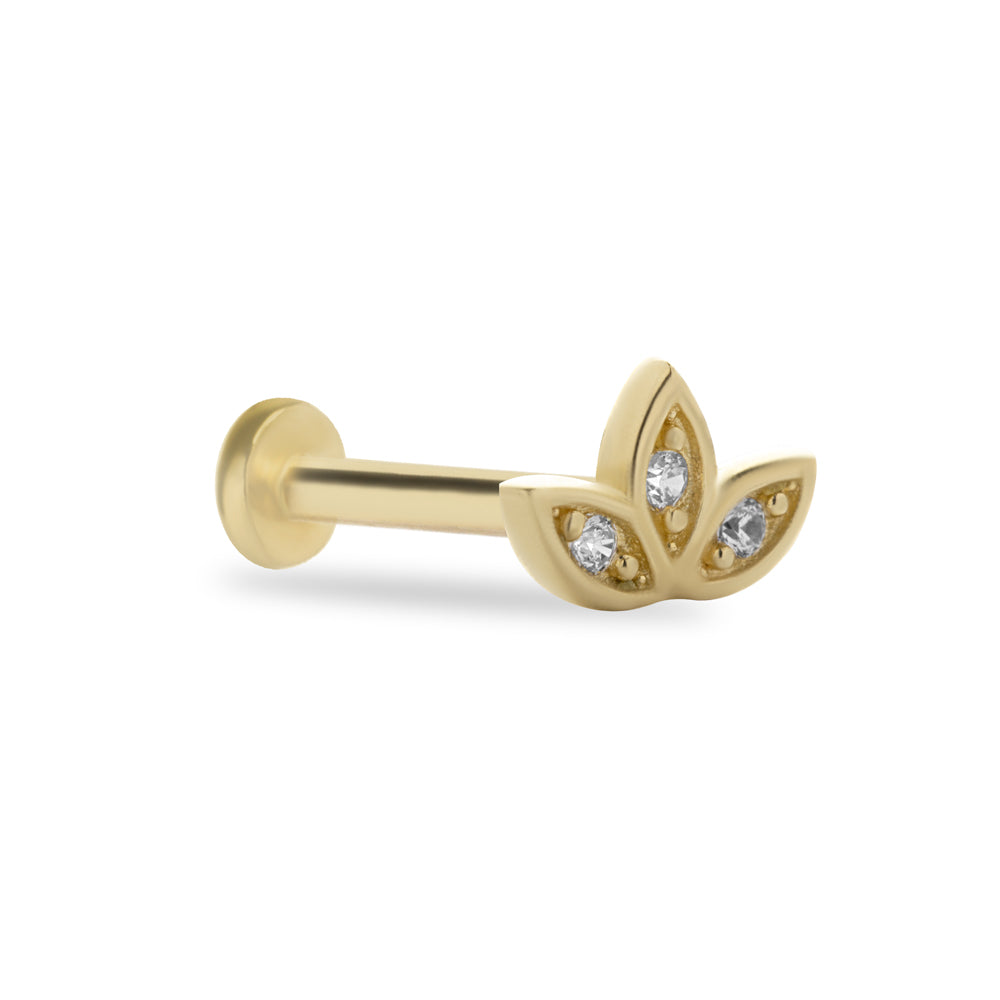 Lotus stud piercing earring with clear zircons - 14K Solid Yellow Gold