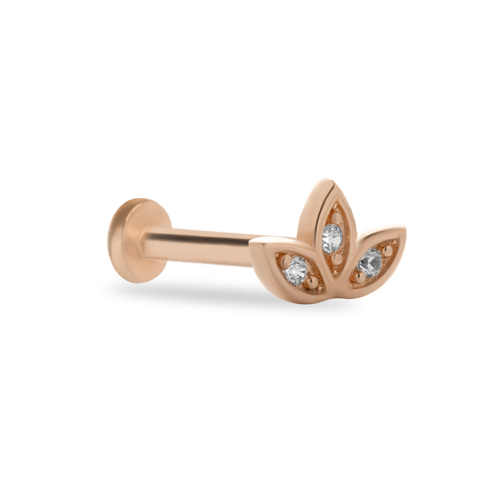 Lotus stud piercing earring with clear zircons - 14K Solid Rose Gold